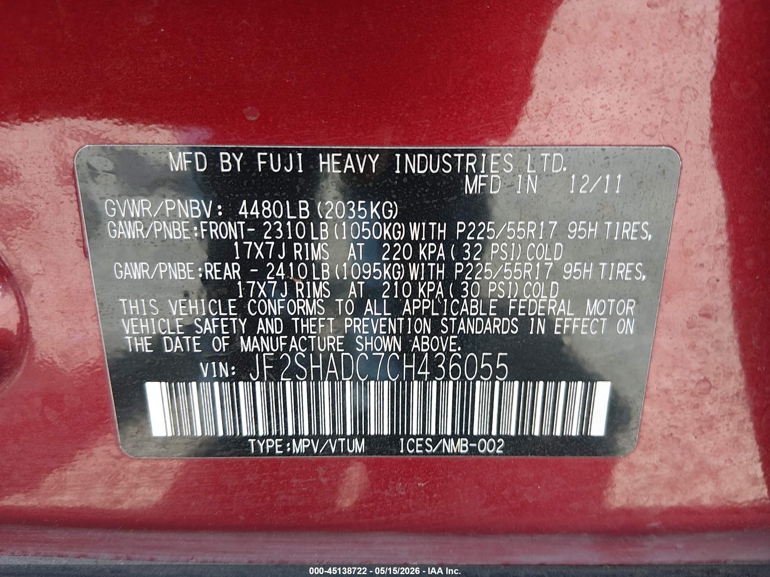 2012 Subaru Forester 2.5x Premium Red vin: JF2SHADC7CH436055