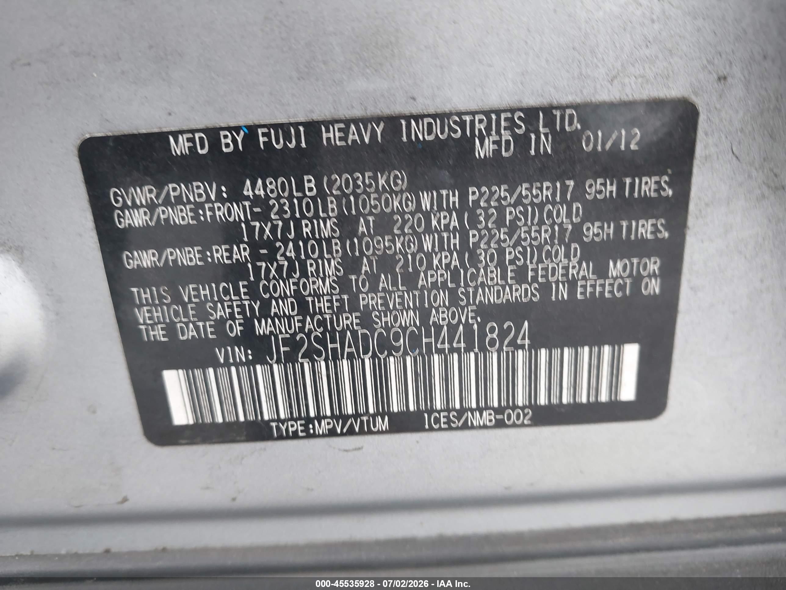 2012 Subaru Forester 2.5x Premium Silver vin: JF2SHADC9CH441824