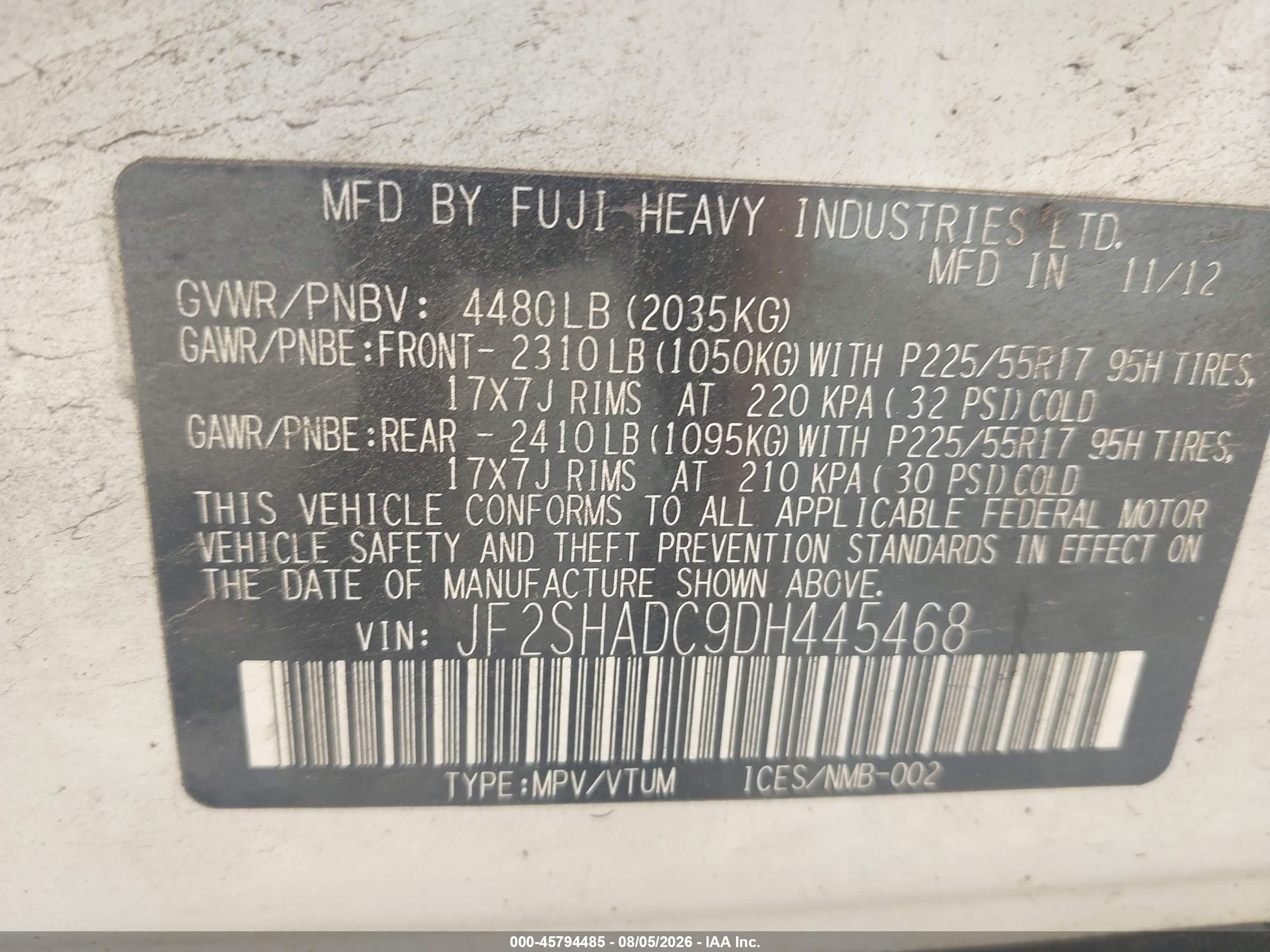 2013 Subaru Forester 2.5x Premium White vin: JF2SHADC9DH445468