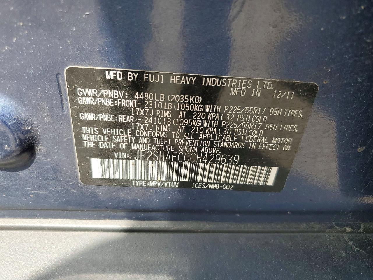 2012 Subaru Forester Limited Blue vin: JF2SHAEC0CH429639