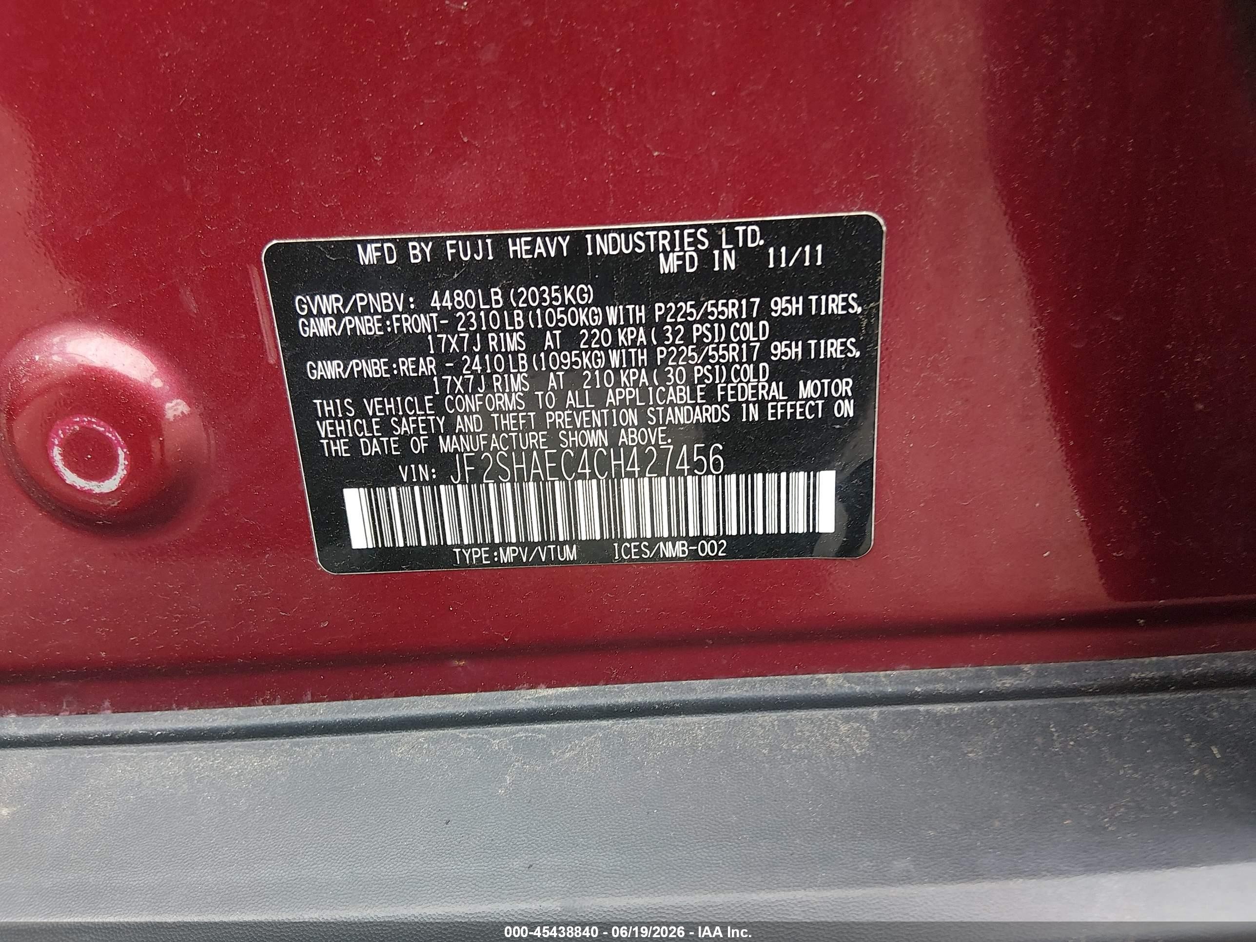 2012 Subaru Forester 2.5x Limited Burgundy vin: JF2SHAEC4CH427456