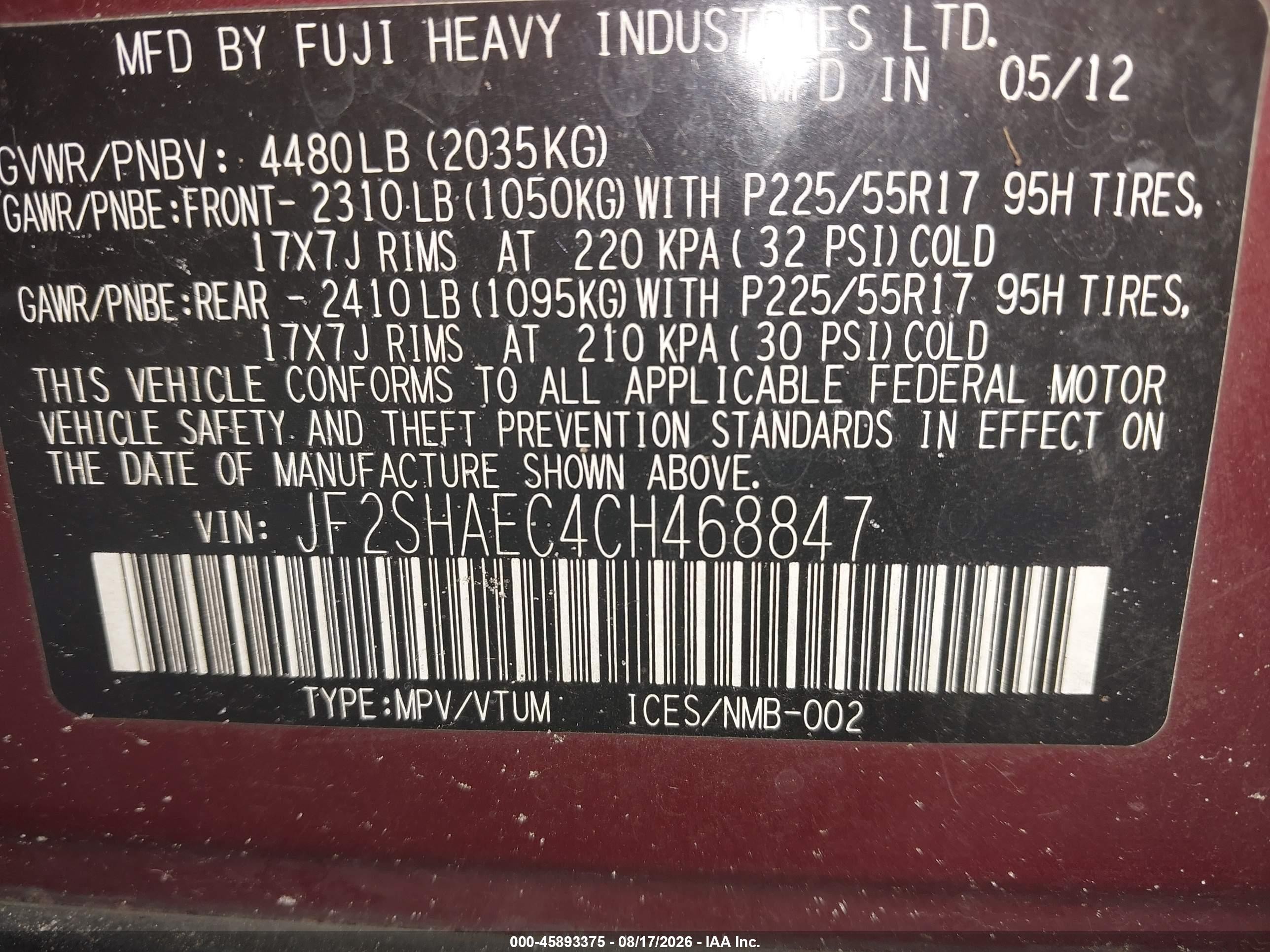 2012 Subaru Forester 2.5x Limited Бордовый vin: JF2SHAEC4CH468847