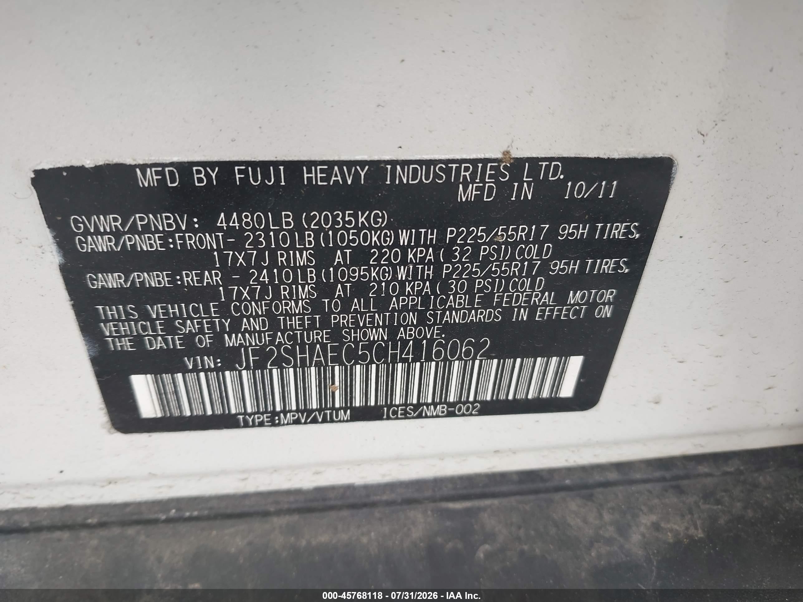 2012 Subaru Forester 2.5x Limited Белый vin: JF2SHAEC5CH416062