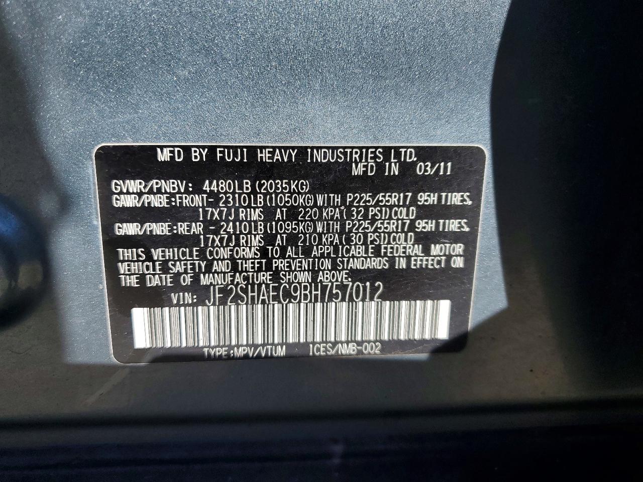 2011 Subaru Forester Limited Teal vin: JF2SHAEC9BH757012