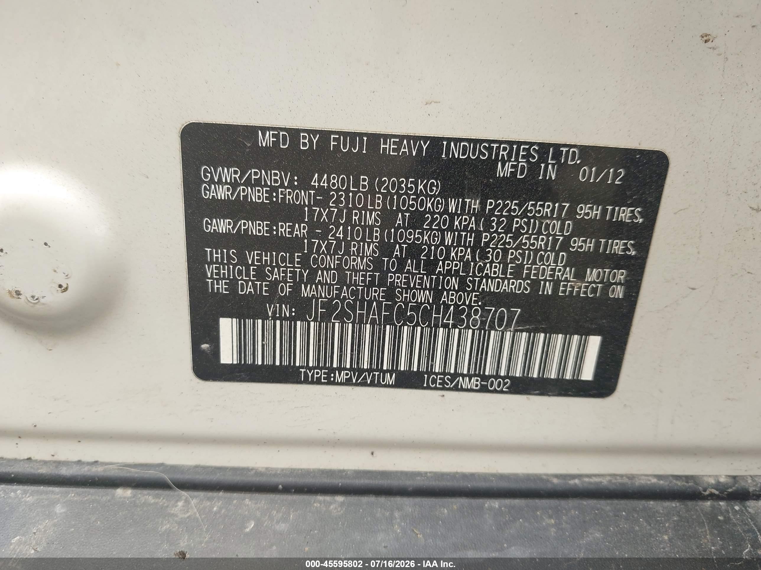 2012 Subaru Forester 2.5x Limited White vin: JF2SHAFC5CH438707