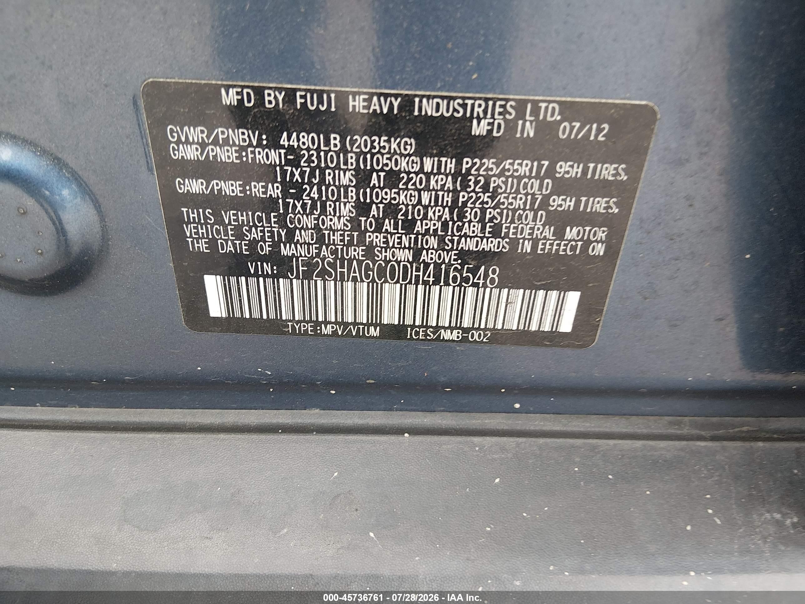 2013 Subaru Forester 2.5x Touring Blue vin: JF2SHAGC0DH416548