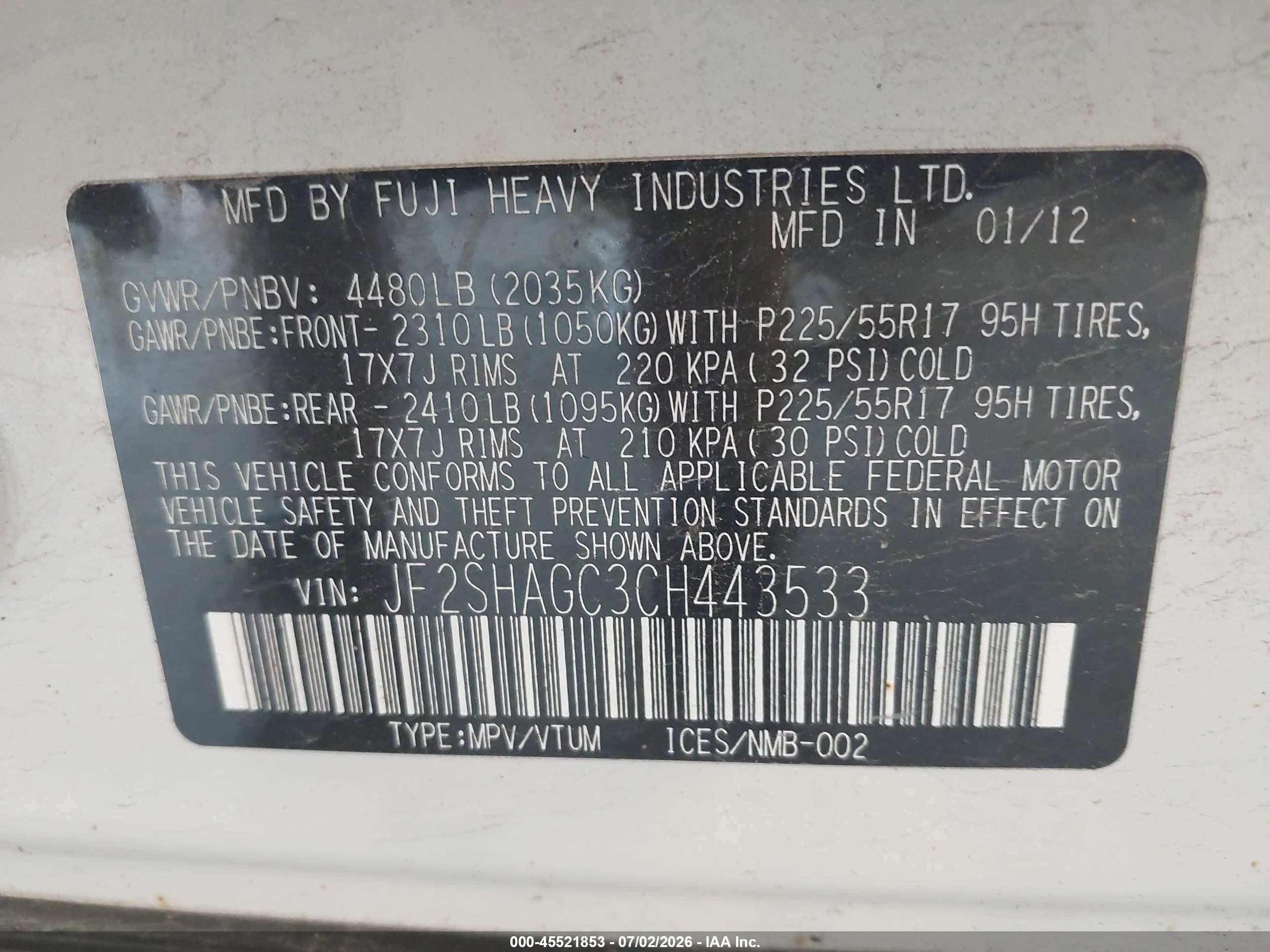 2012 Subaru Forester 2.5x Touring White vin: JF2SHAGC3CH443533