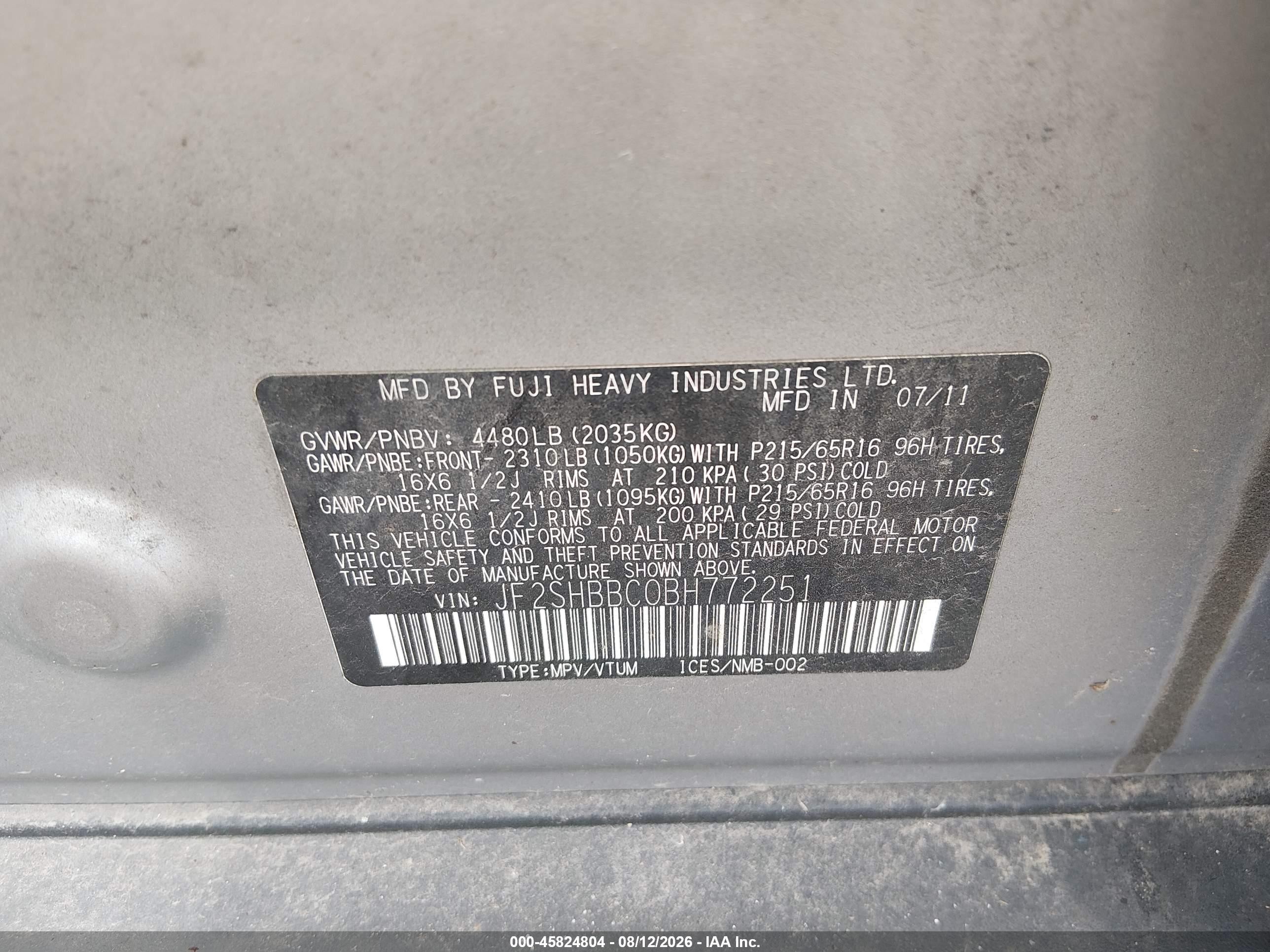 2011 Subaru Forester 2.5x Gray vin: JF2SHBBC0BH772251