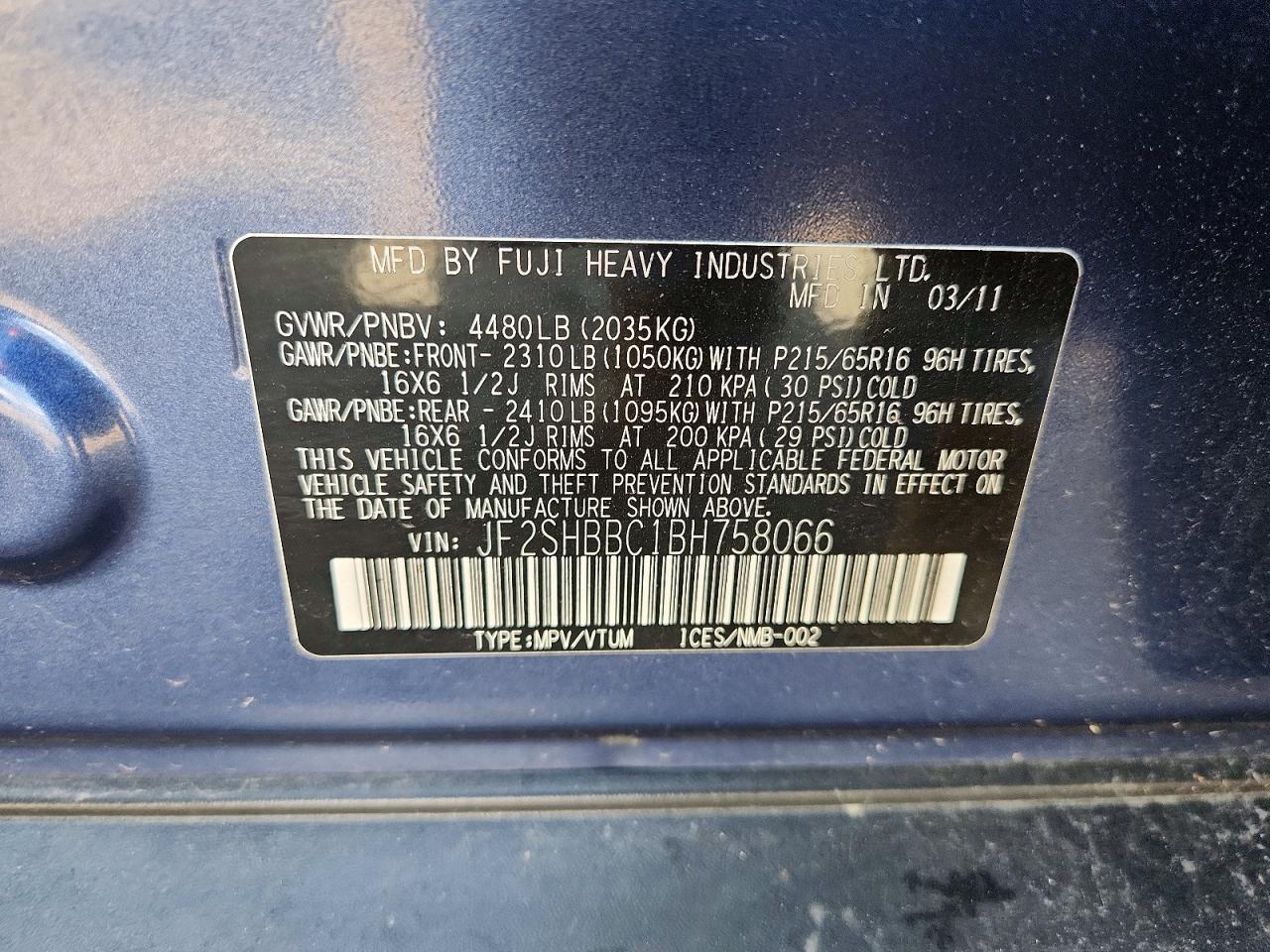 2011 Subaru Forester 2.5x Blue vin: JF2SHBBC1BH758066