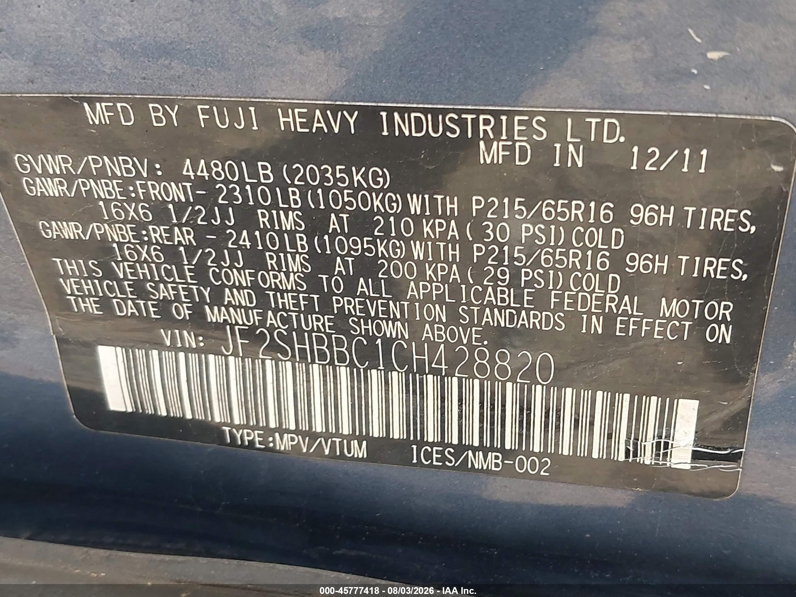 2012 Subaru Forester 2.5x Blue vin: JF2SHBBC1CH428820