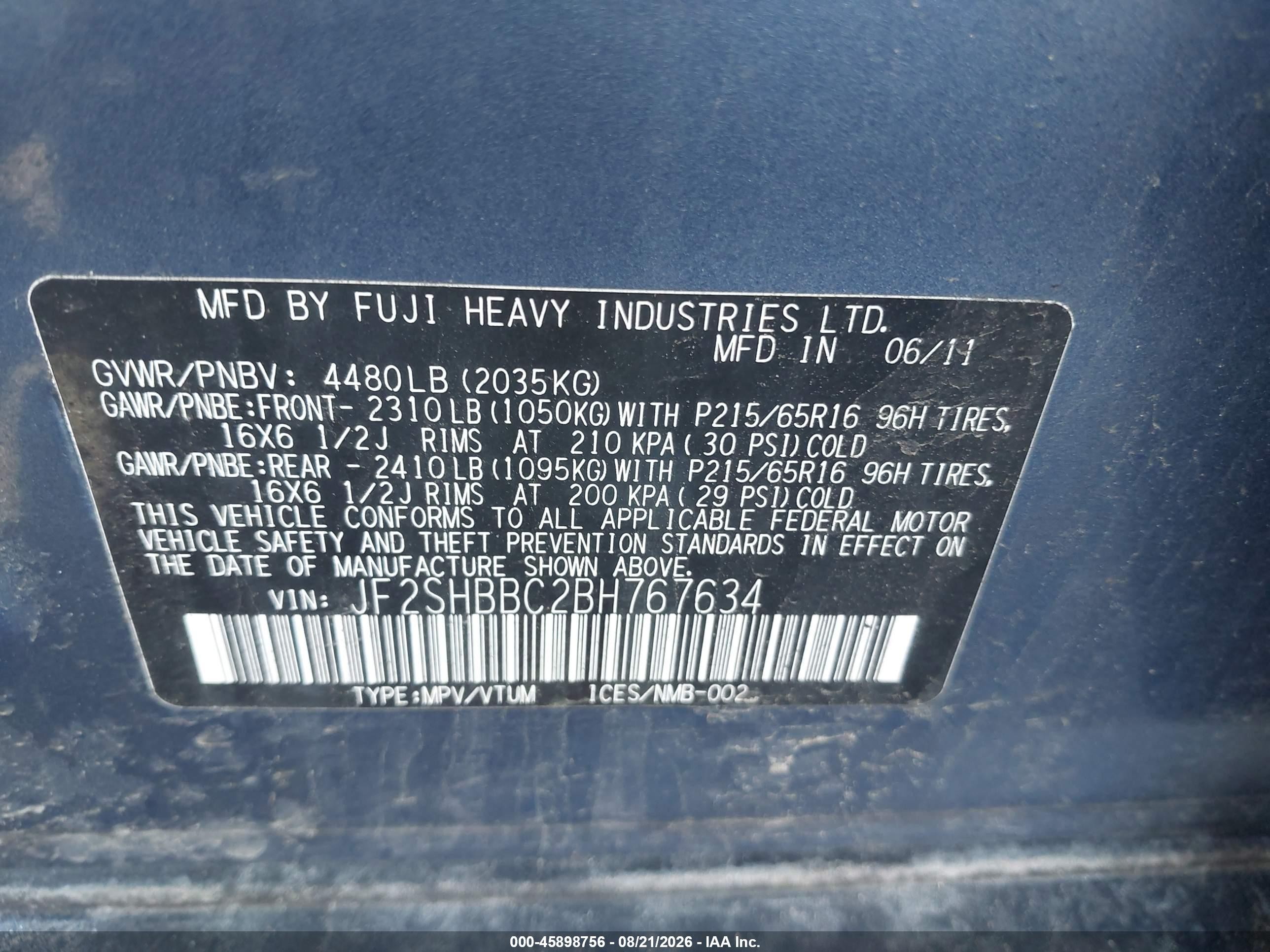 2011 Subaru Forester 2.5x Blue vin: JF2SHBBC2BH767634