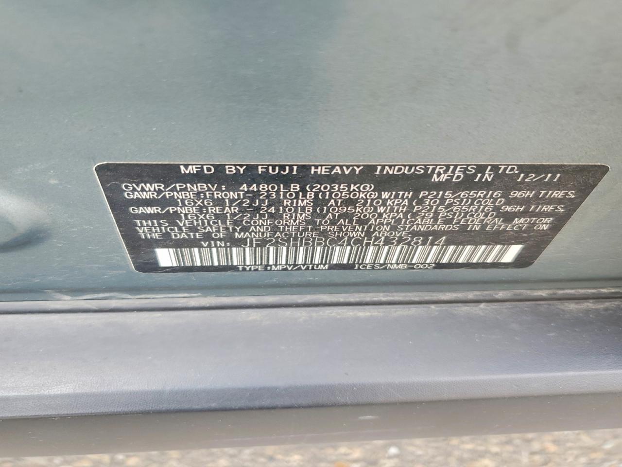 2012 Subaru Forester 2.5x Teal vin: JF2SHBBC4CH432814