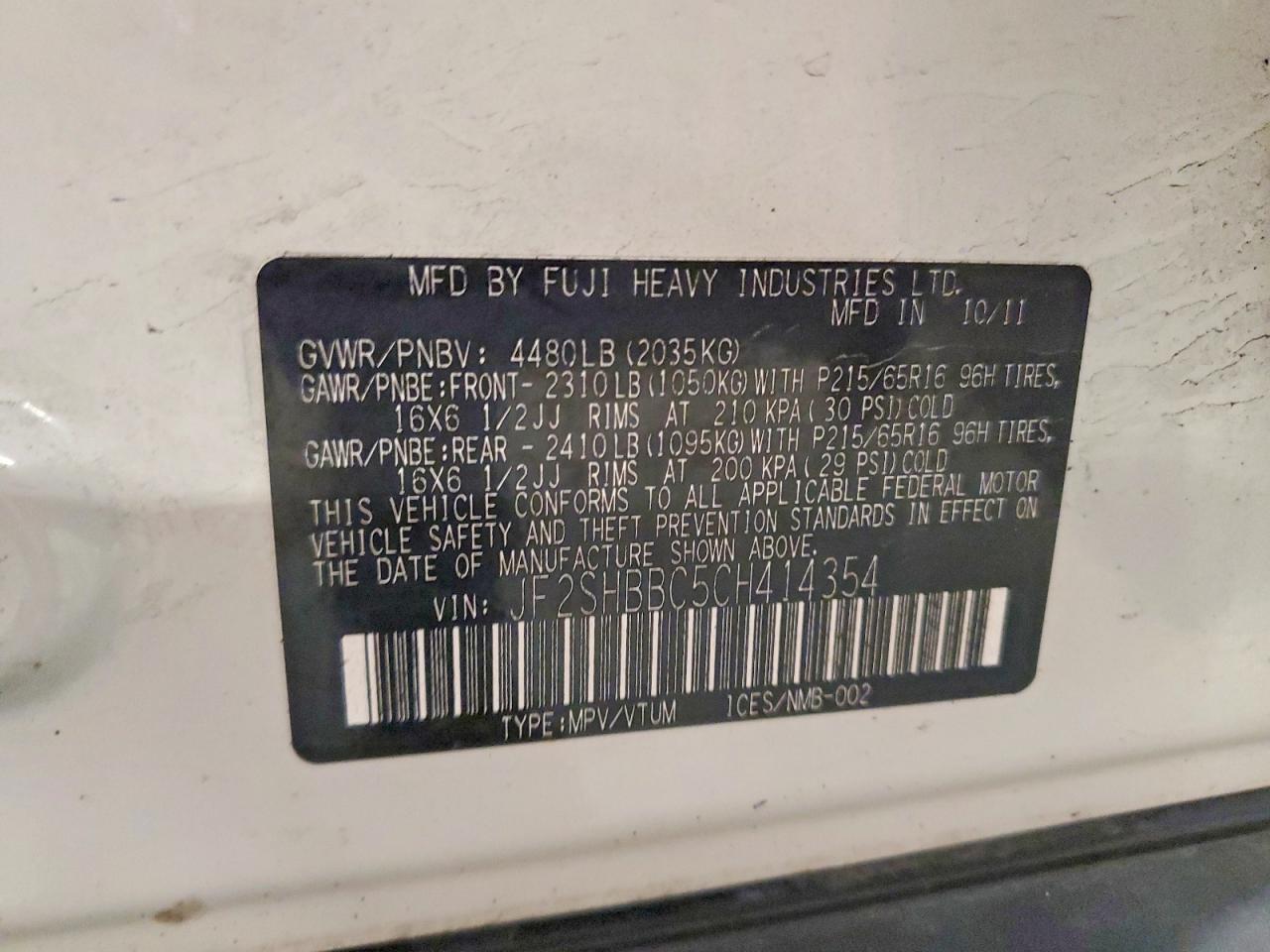 2012 Subaru Forester 2.5x White vin: JF2SHBBC5CH414354
