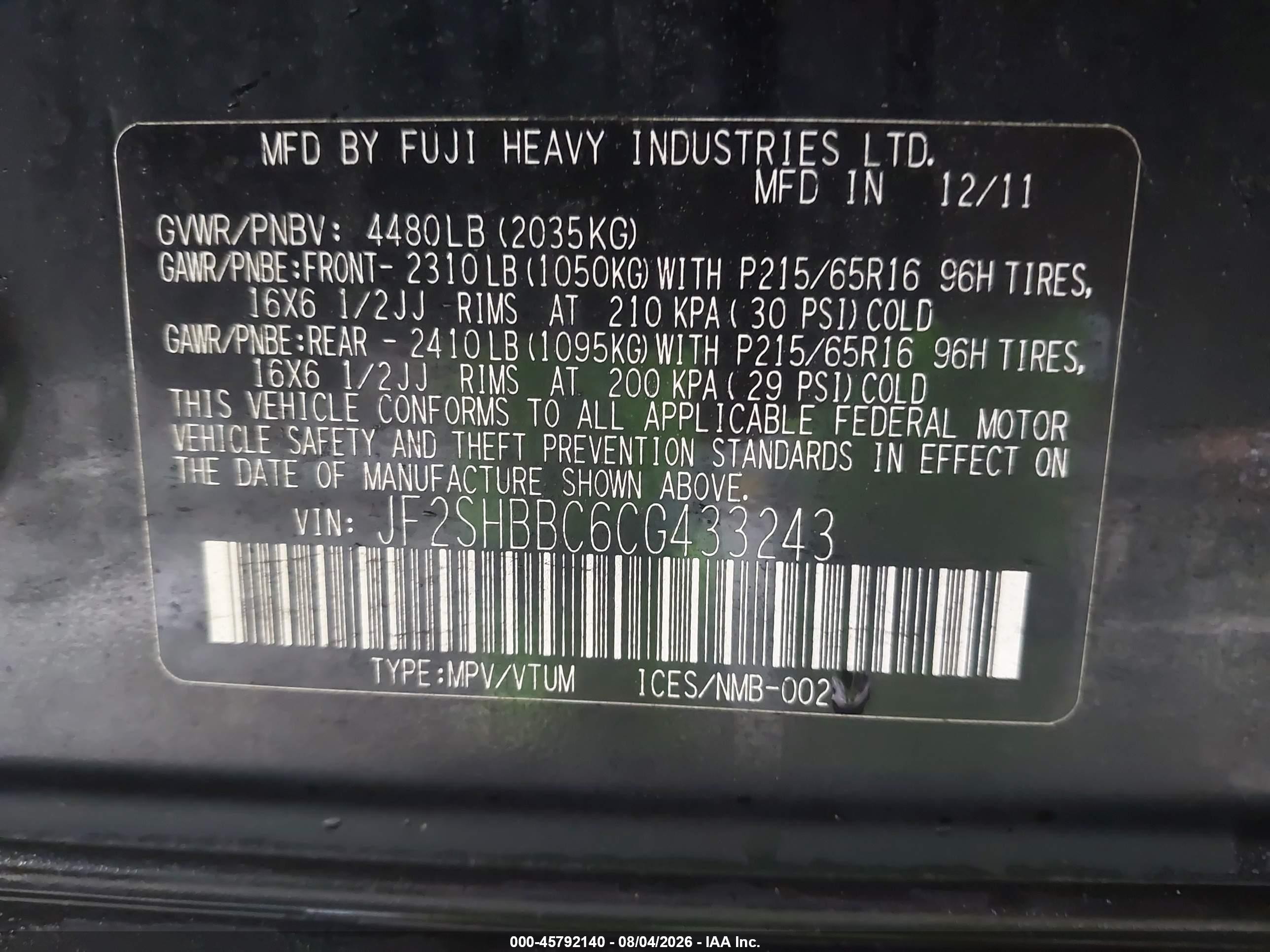 2012 Subaru Forester 2.5x Black vin: JF2SHBBC6CG433243