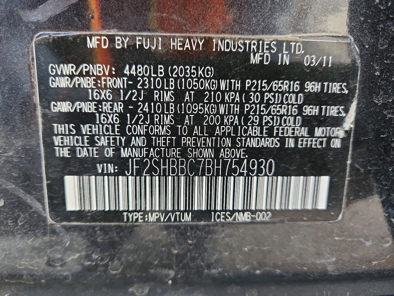 2011 Subaru Forester 2.5x Черный vin: JF2SHBBC7BH754930
