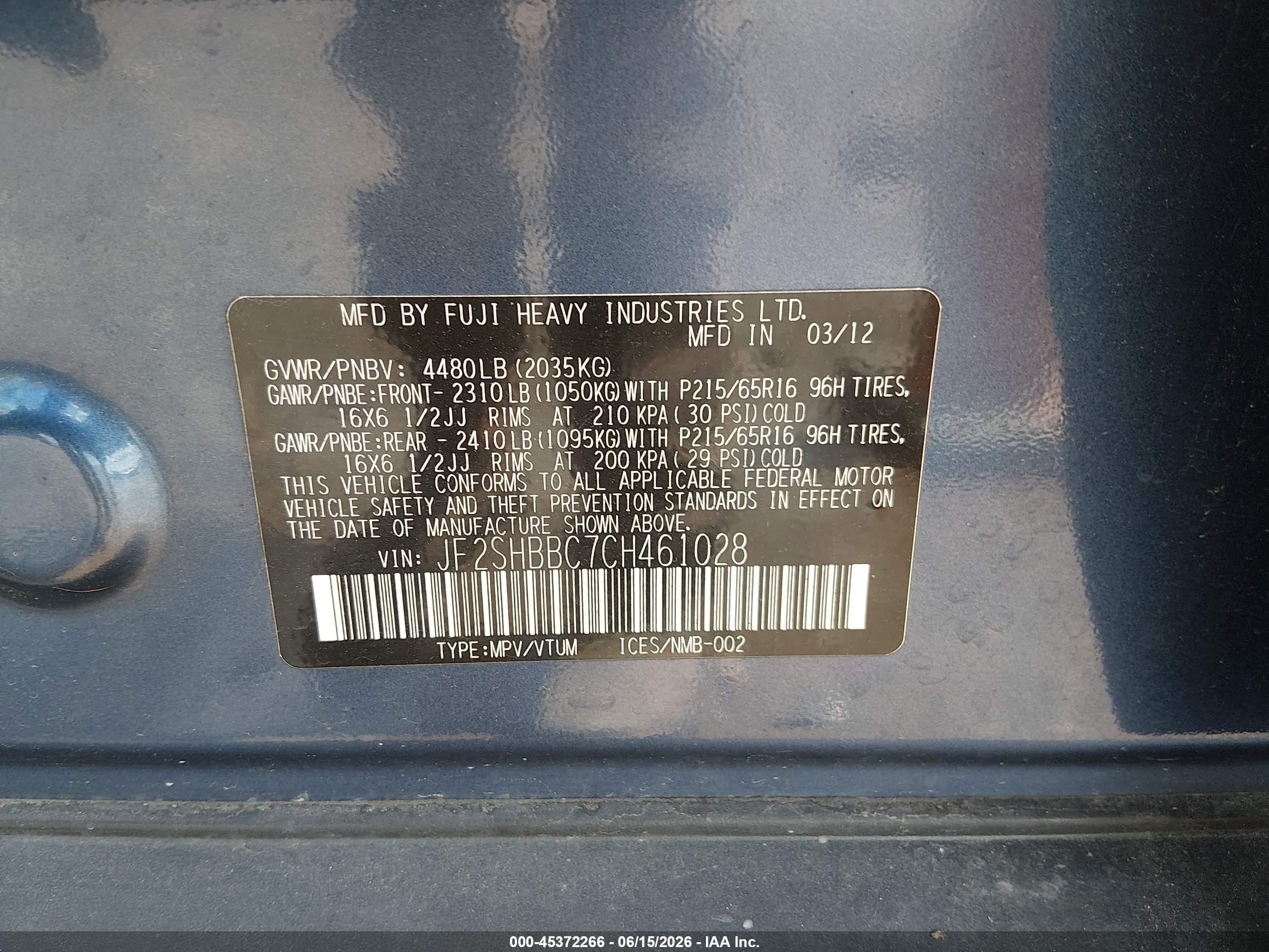 2012 Subaru Forester 2.5x Blue vin: JF2SHBBC7CH461028