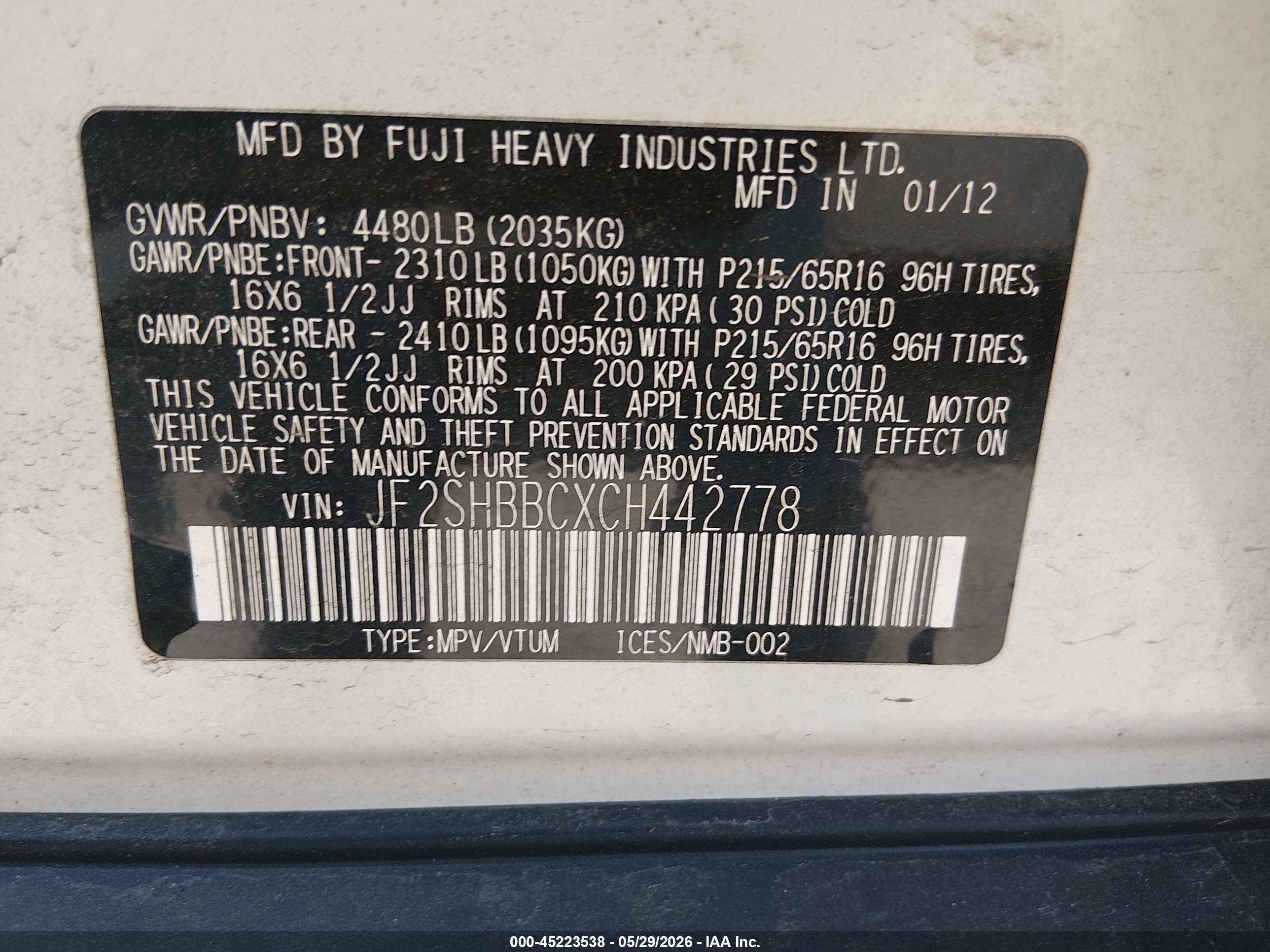 2012 Subaru Forester 2.5x Белый vin: JF2SHBBCXCH442778