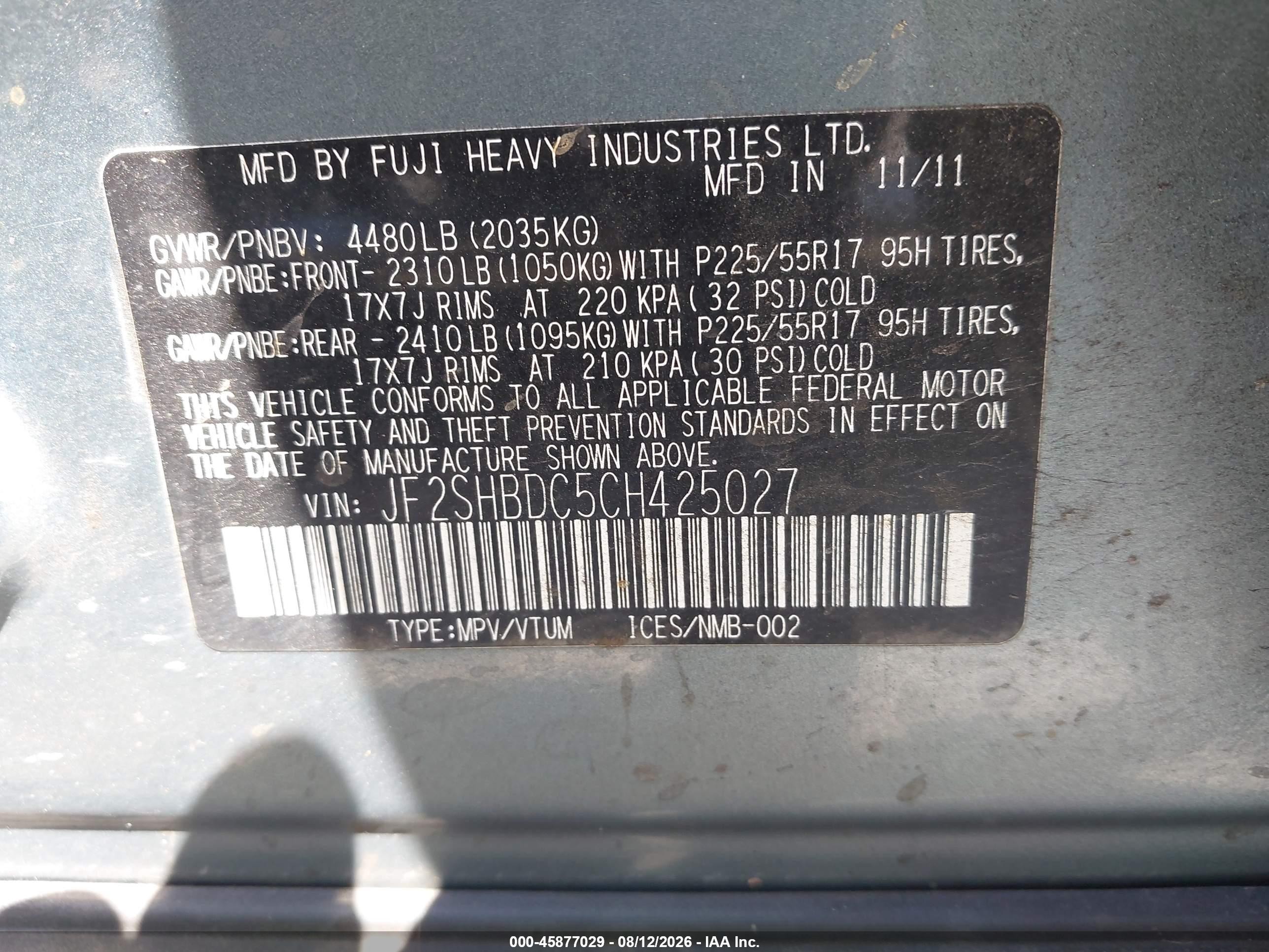 2012 Subaru Forester 2.5x Premium Light Blue vin: JF2SHBDC5CH425027