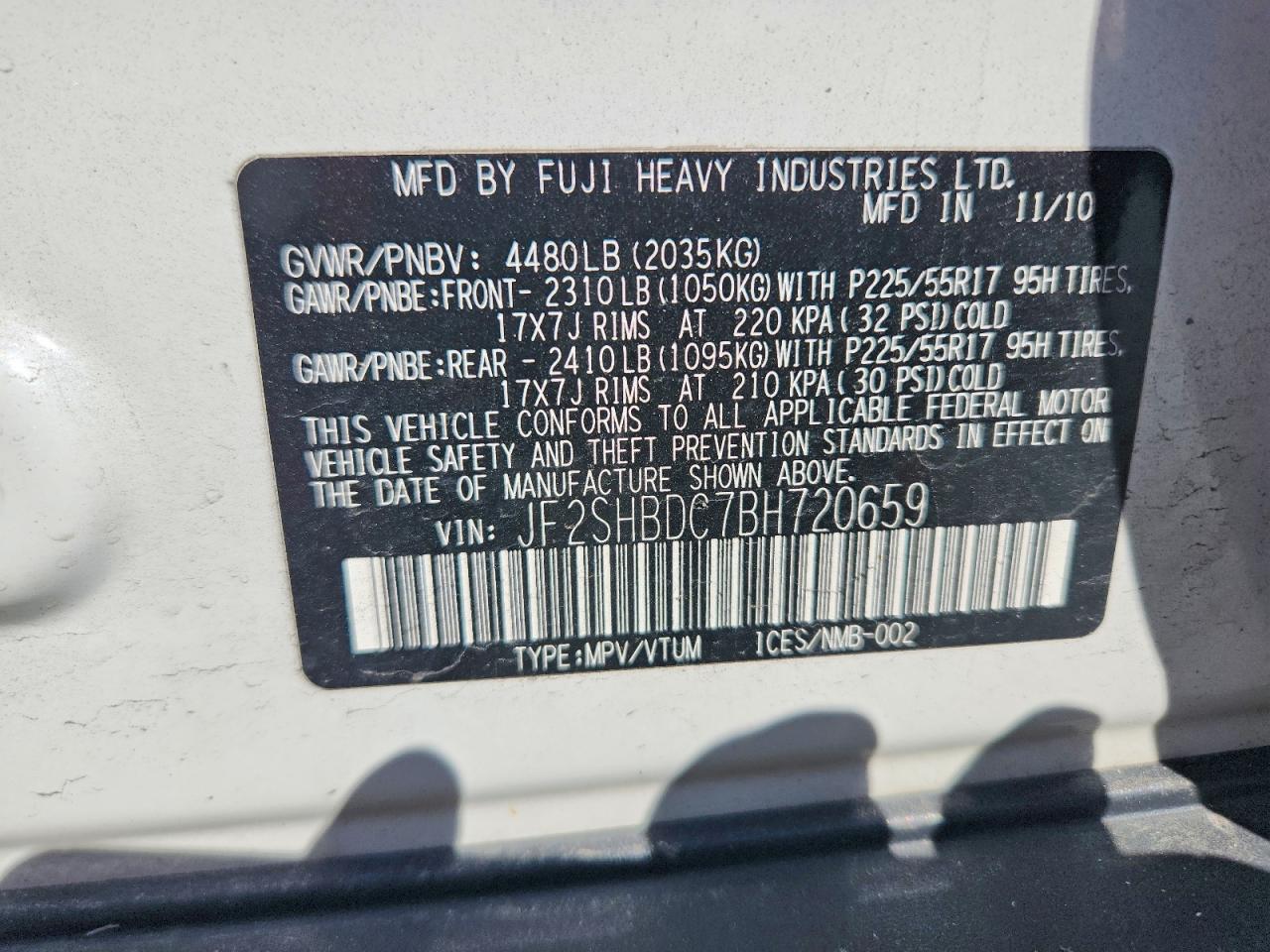 2011 Subaru Forester White vin: JF2SHBDC7BH720659