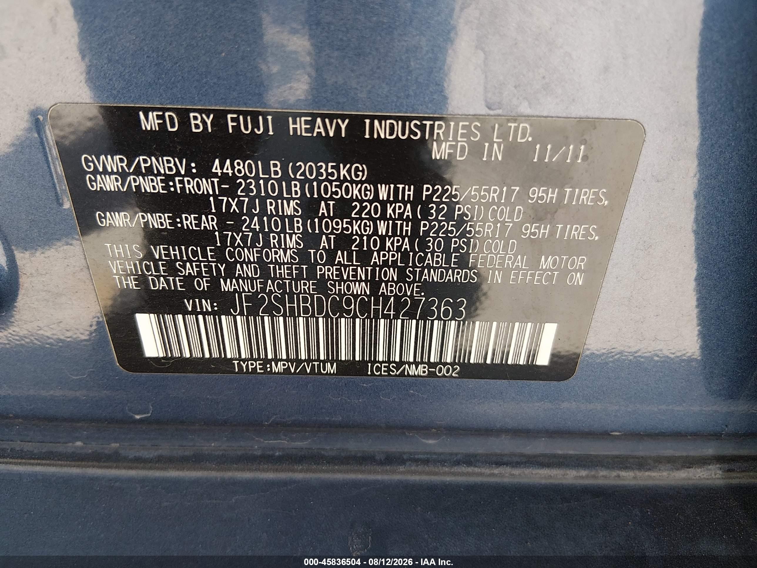 2012 Subaru Forester 2.5x Premium Blue vin: JF2SHBDC9CH427363