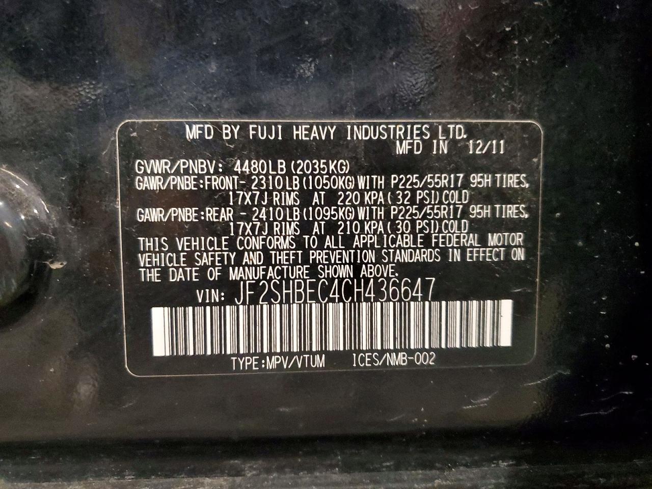 2012 Subaru Forester Limited Black vin: JF2SHBEC4CH436647