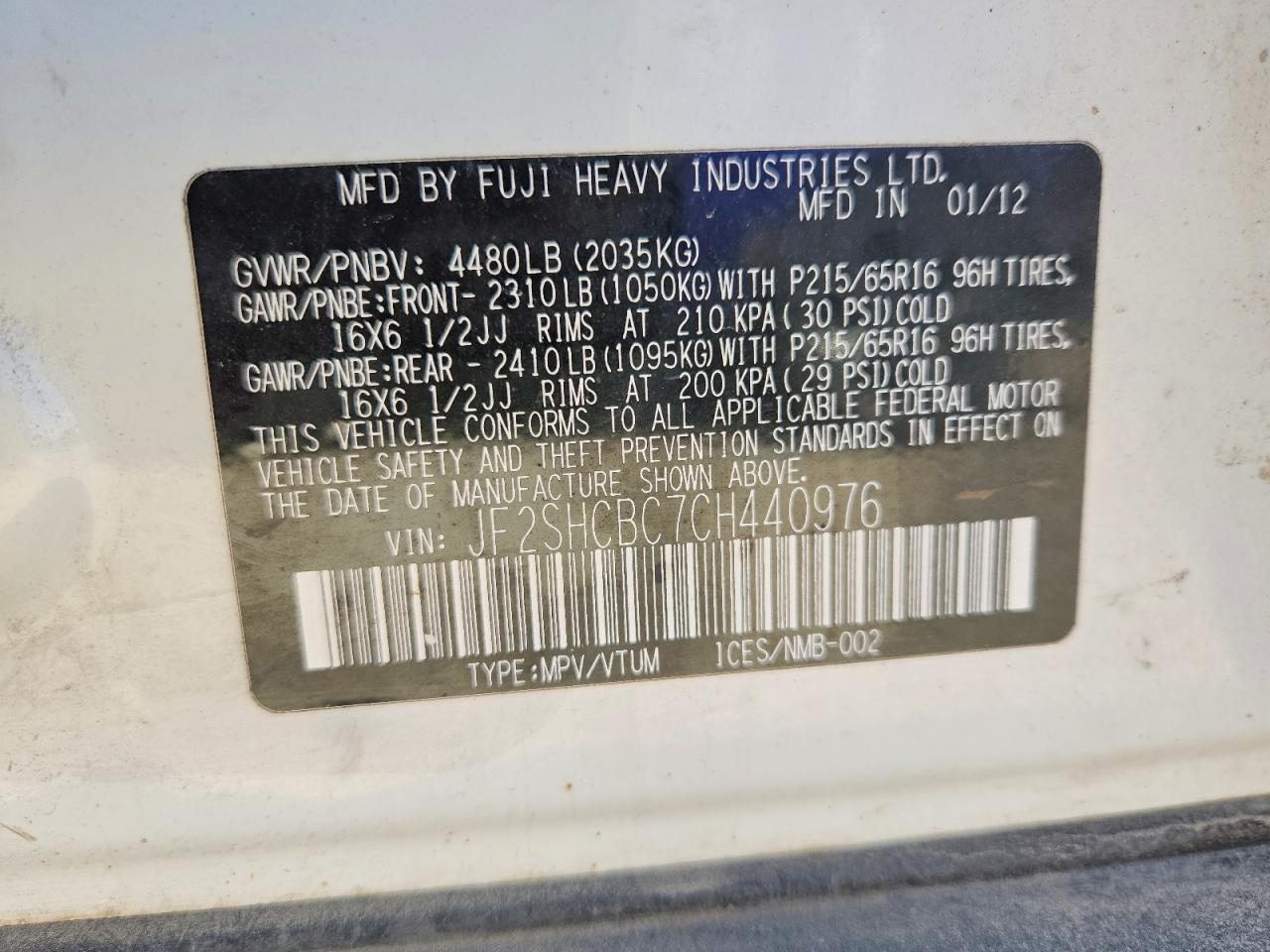2012 Subaru Forester 2.5x White vin: JF2SHCBC7CH440976