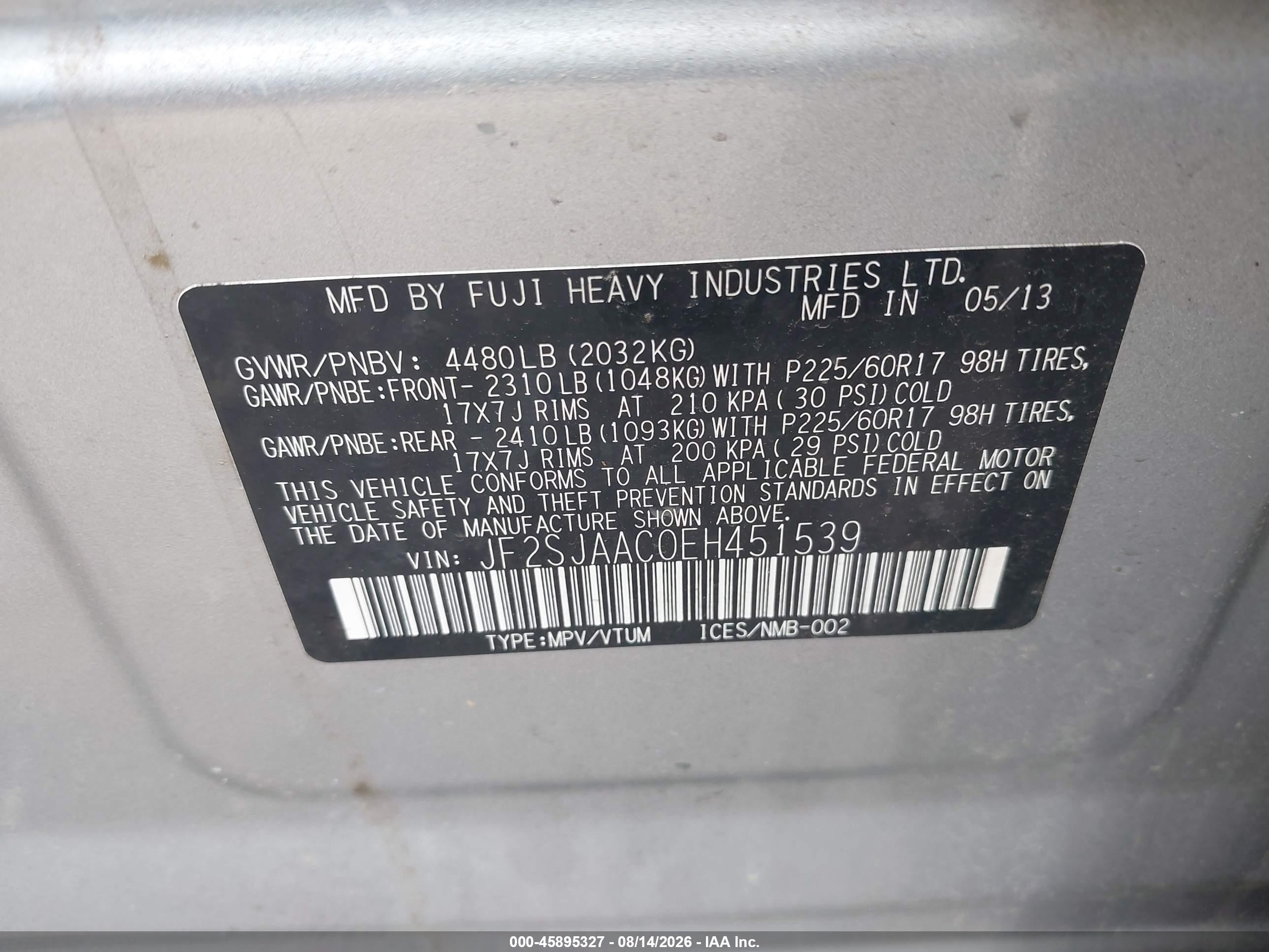 2014 Subaru Forester 2.5i Silver vin: JF2SJAAC0EH451539