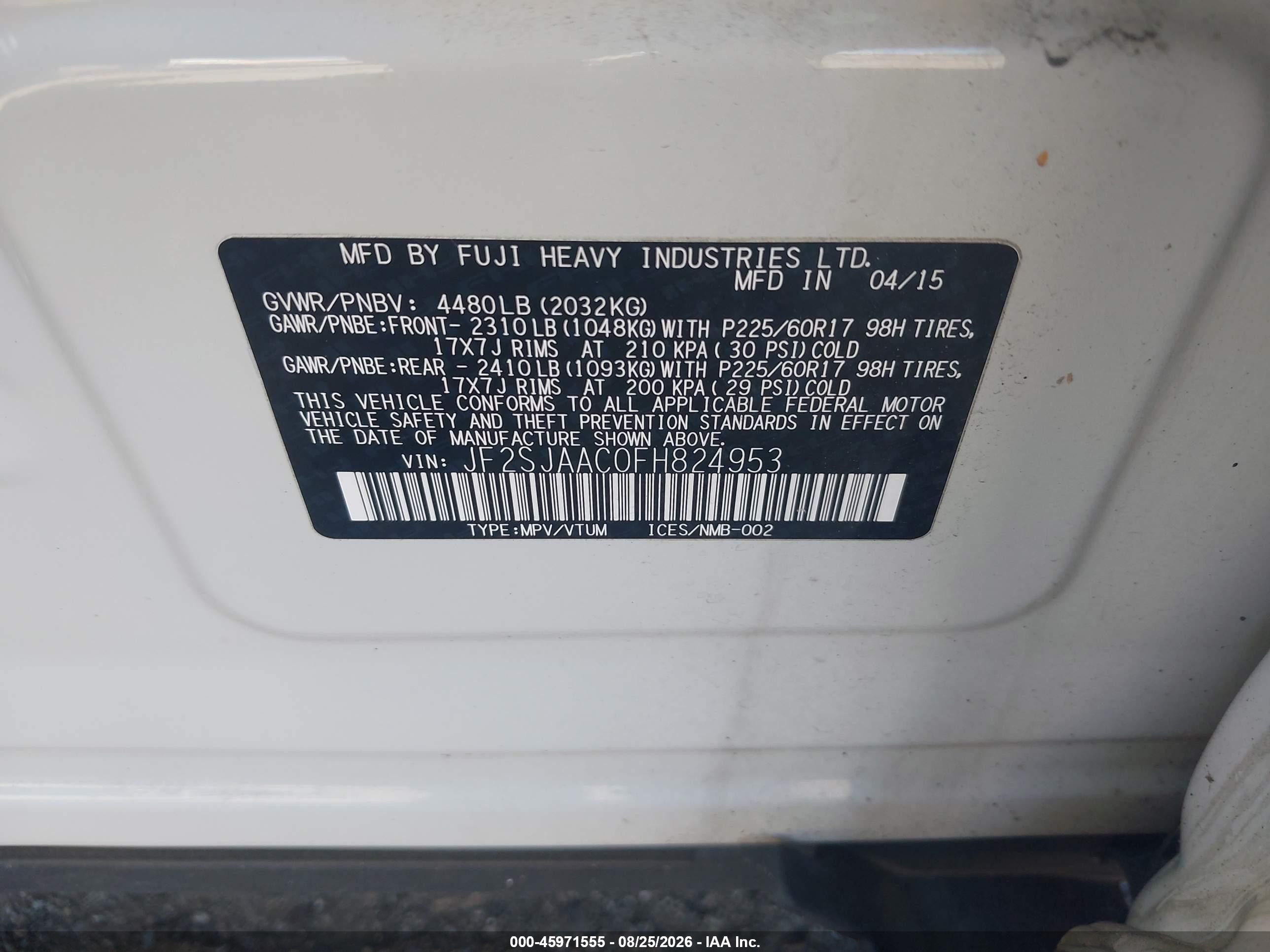 2015 Subaru Forester 2.5i White vin: JF2SJAAC0FH824953