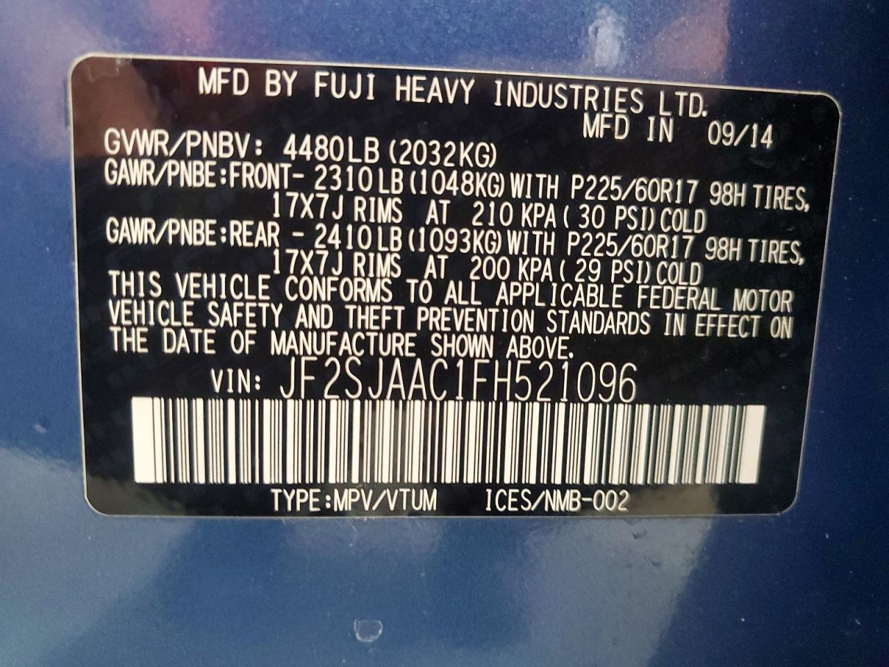 2015 Subaru Forester 2.5i Blue vin: JF2SJAAC1FH521096