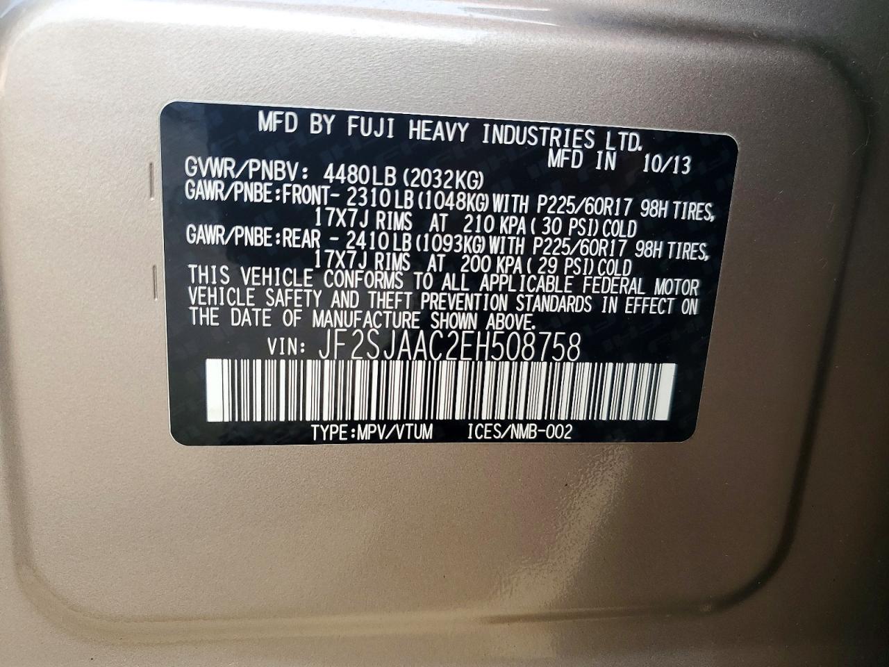 2014 Subaru Forester 2.5i Tan vin: JF2SJAAC2EH508758
