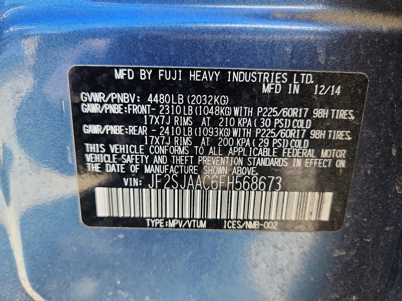 2015 Subaru Forester 2.5i Blue vin: JF2SJAAC6FH568673