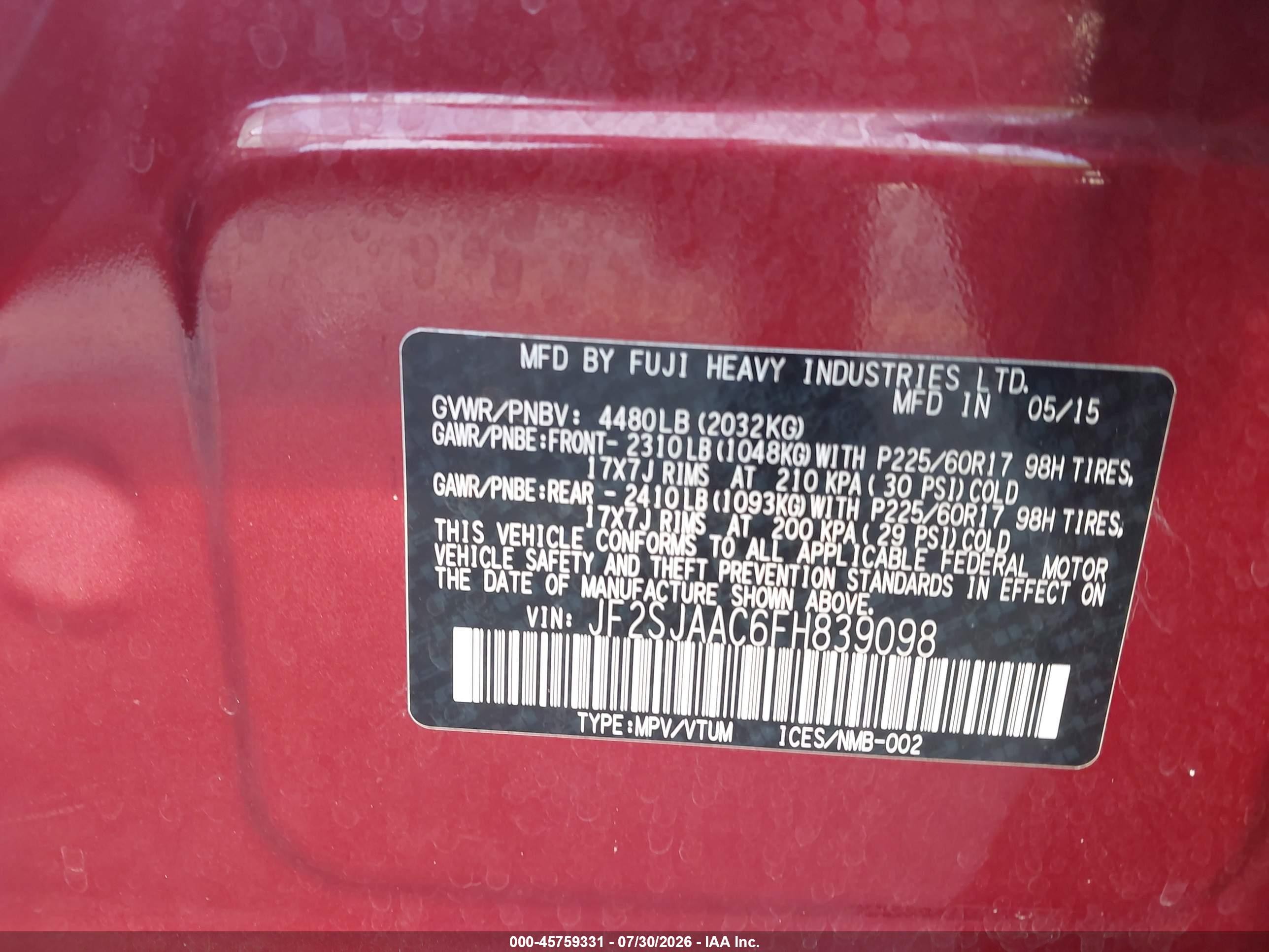 2015 Subaru Forester 2.5i Red vin: JF2SJAAC6FH839098