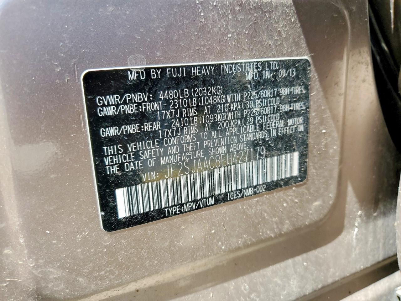 2014 Subaru Forester 2.5i Tan vin: JF2SJAAC8EH427179