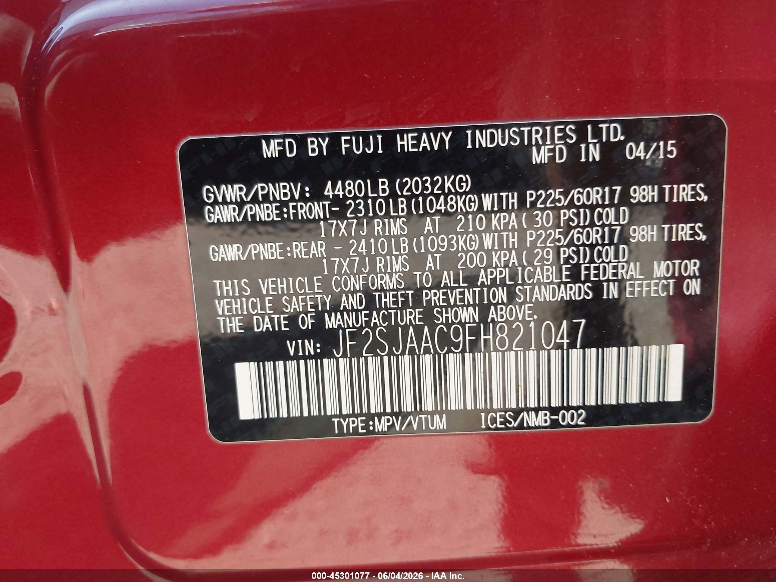 2015 Subaru Forester 2.5i Red vin: JF2SJAAC9FH821047