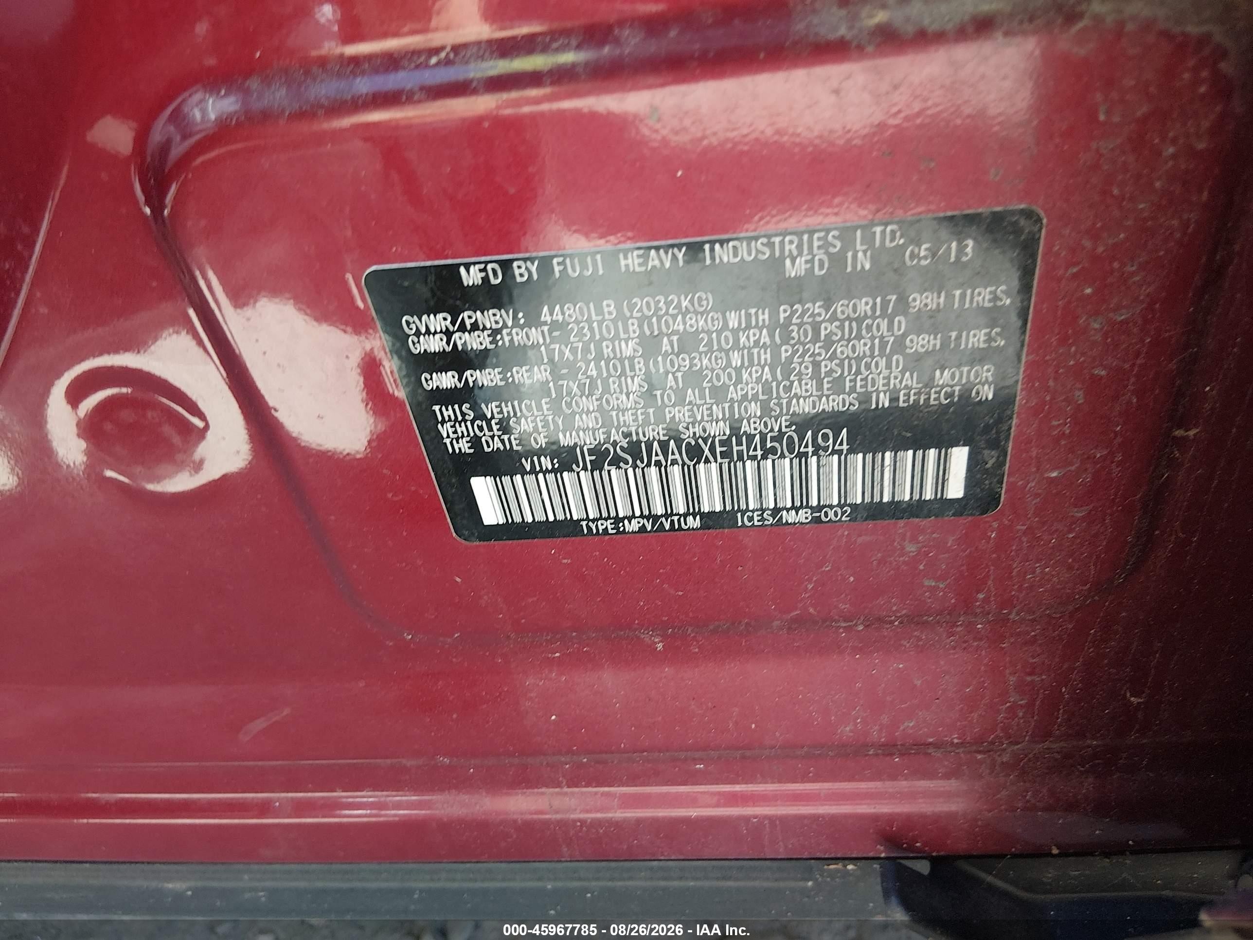 2014 Subaru Forester 2.5i Red vin: JF2SJAACXEH450494