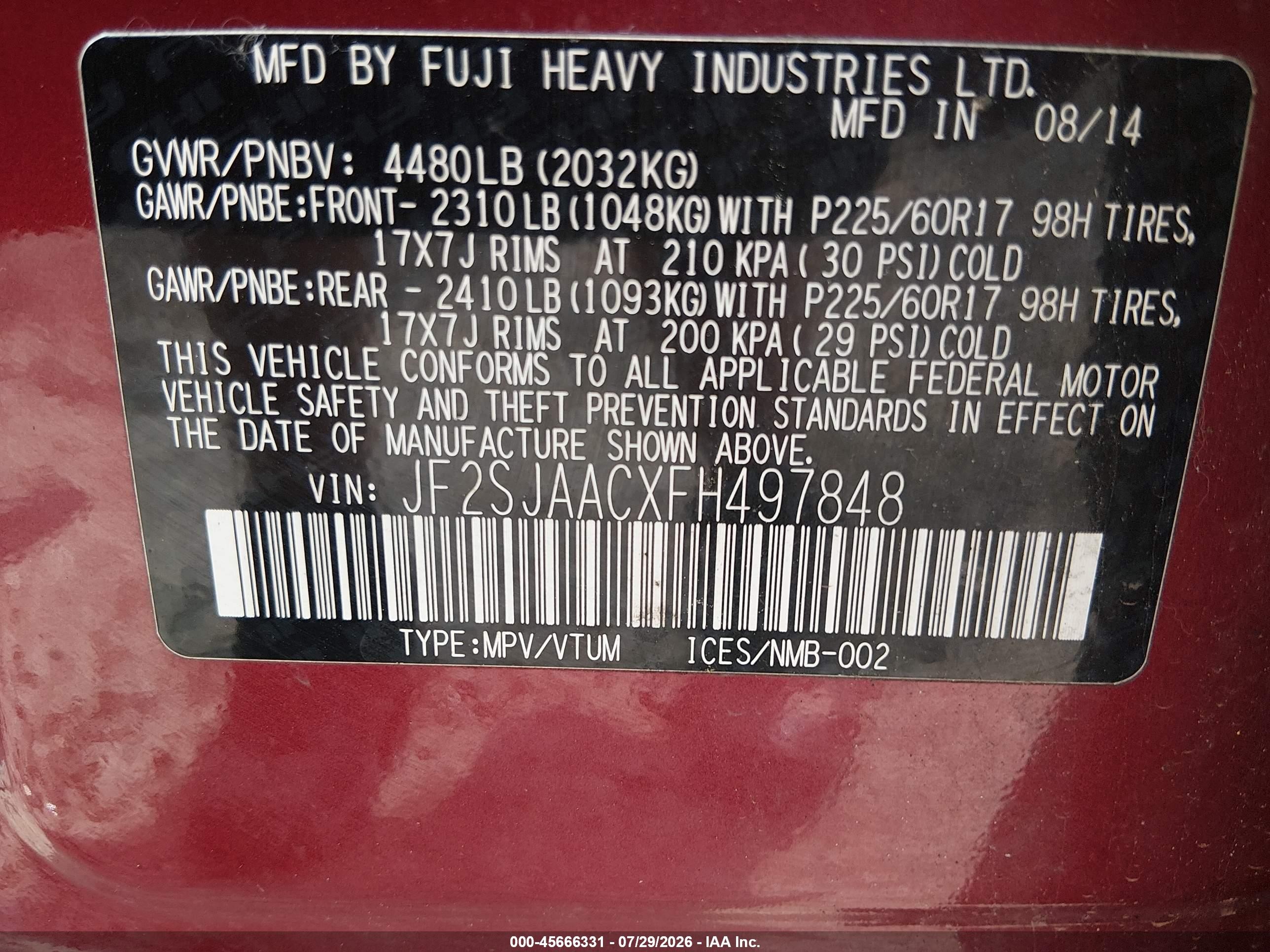 2015 Subaru Forester 2.5i Maroon vin: JF2SJAACXFH497848