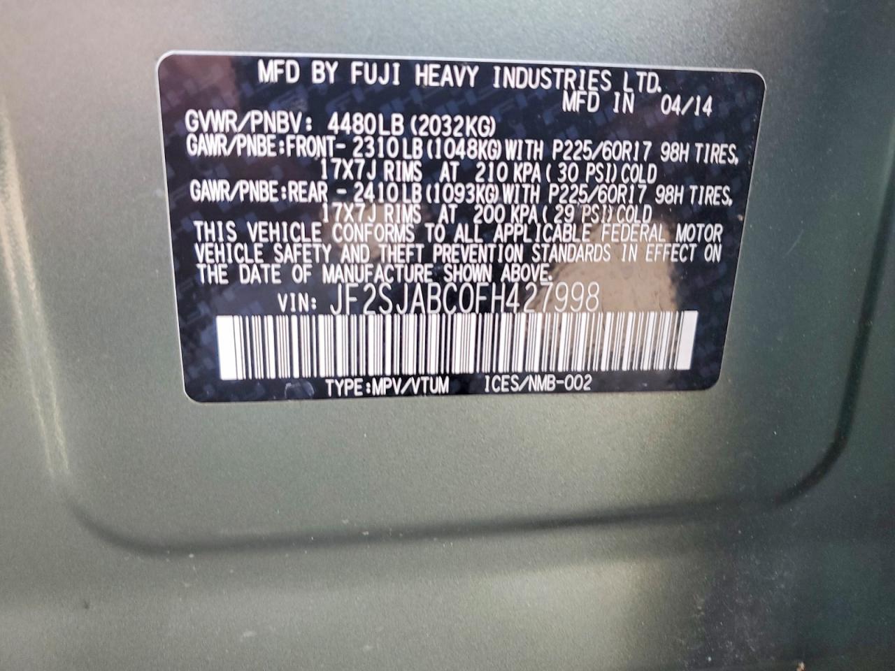 2015 Subaru Forester 2.5i Silver vin: JF2SJABC0FH427998