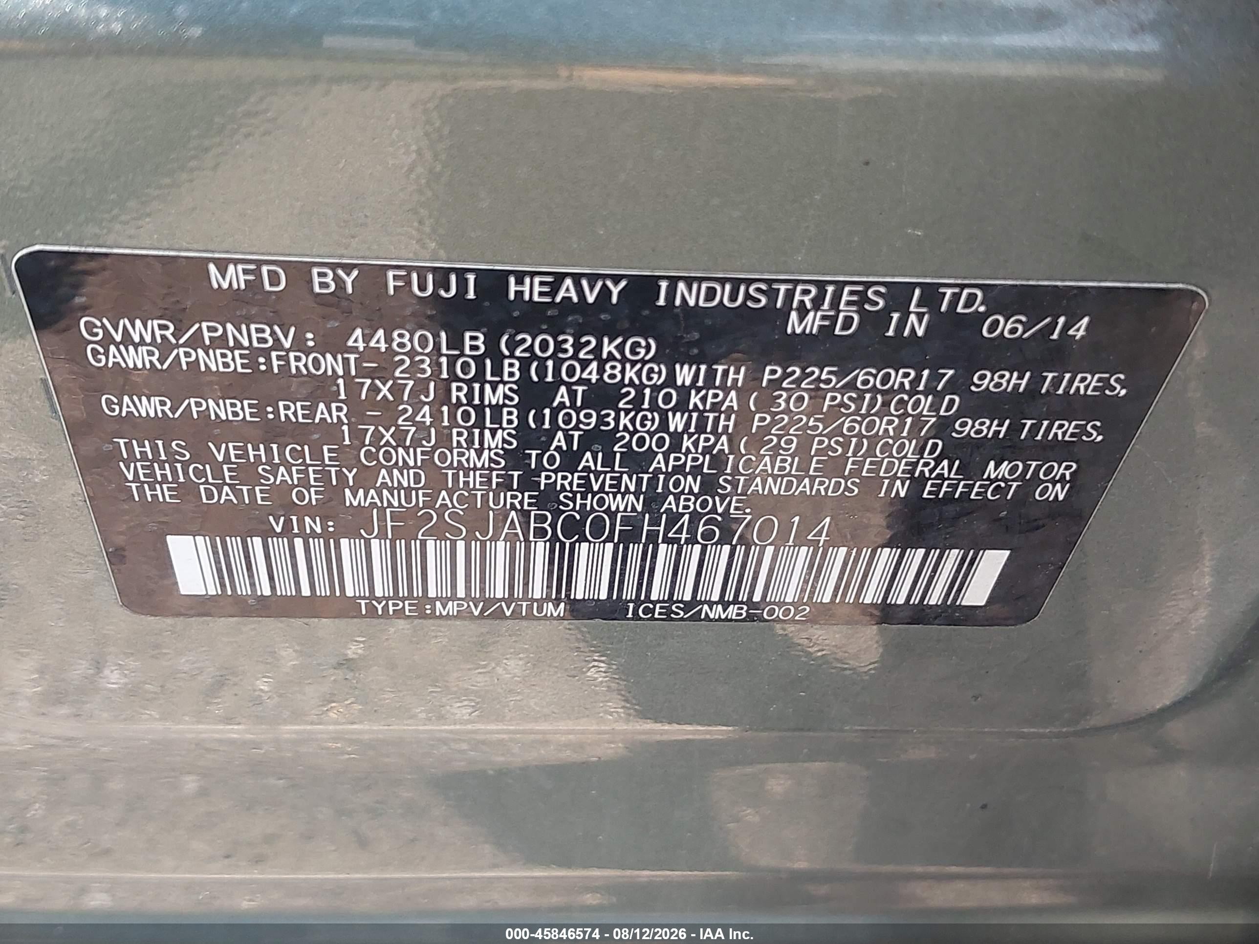 2015 Subaru Forester 2.5i Green vin: JF2SJABC0FH467014