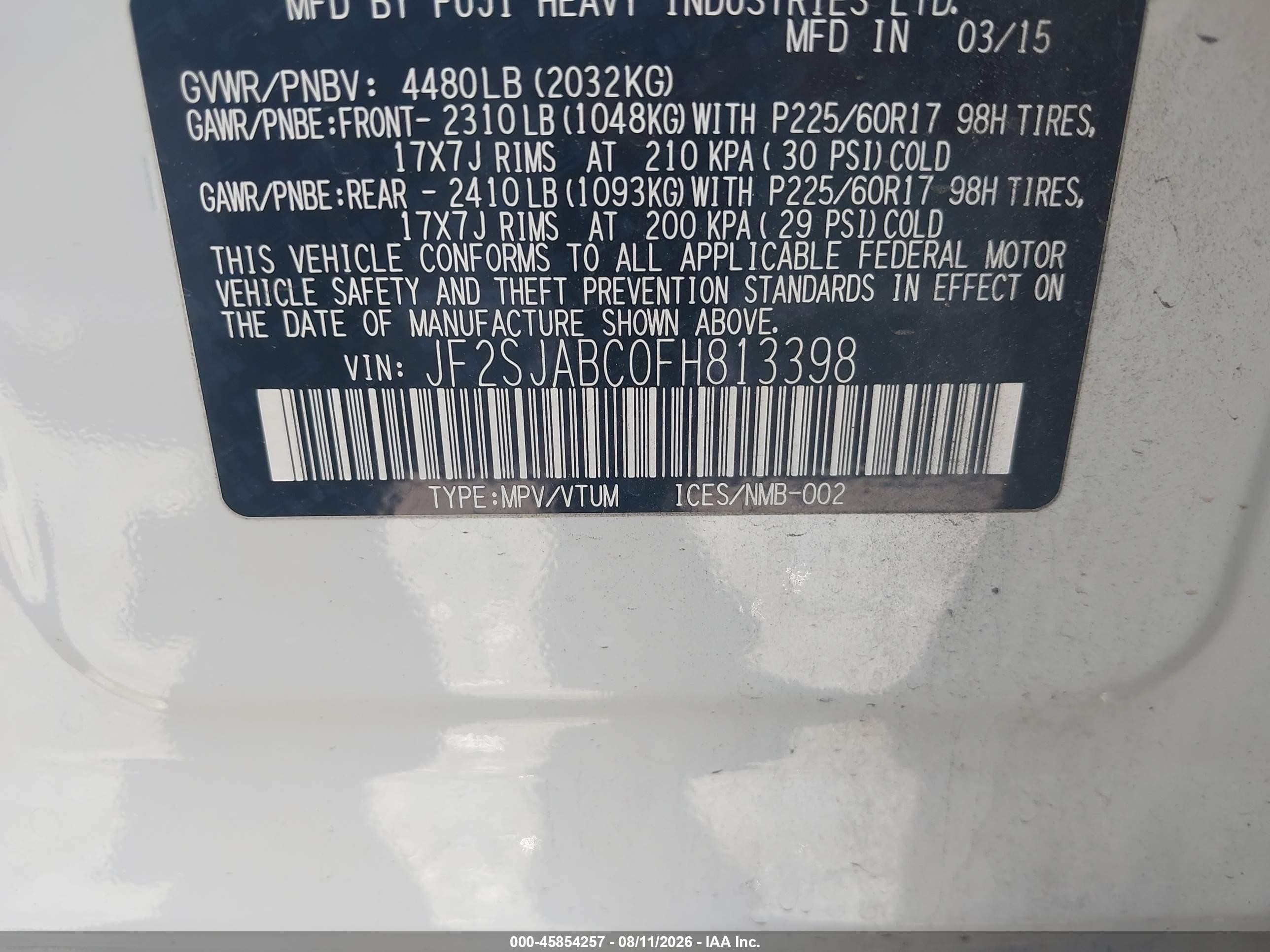 2015 Subaru Forester 2.5i White vin: JF2SJABC0FH813398