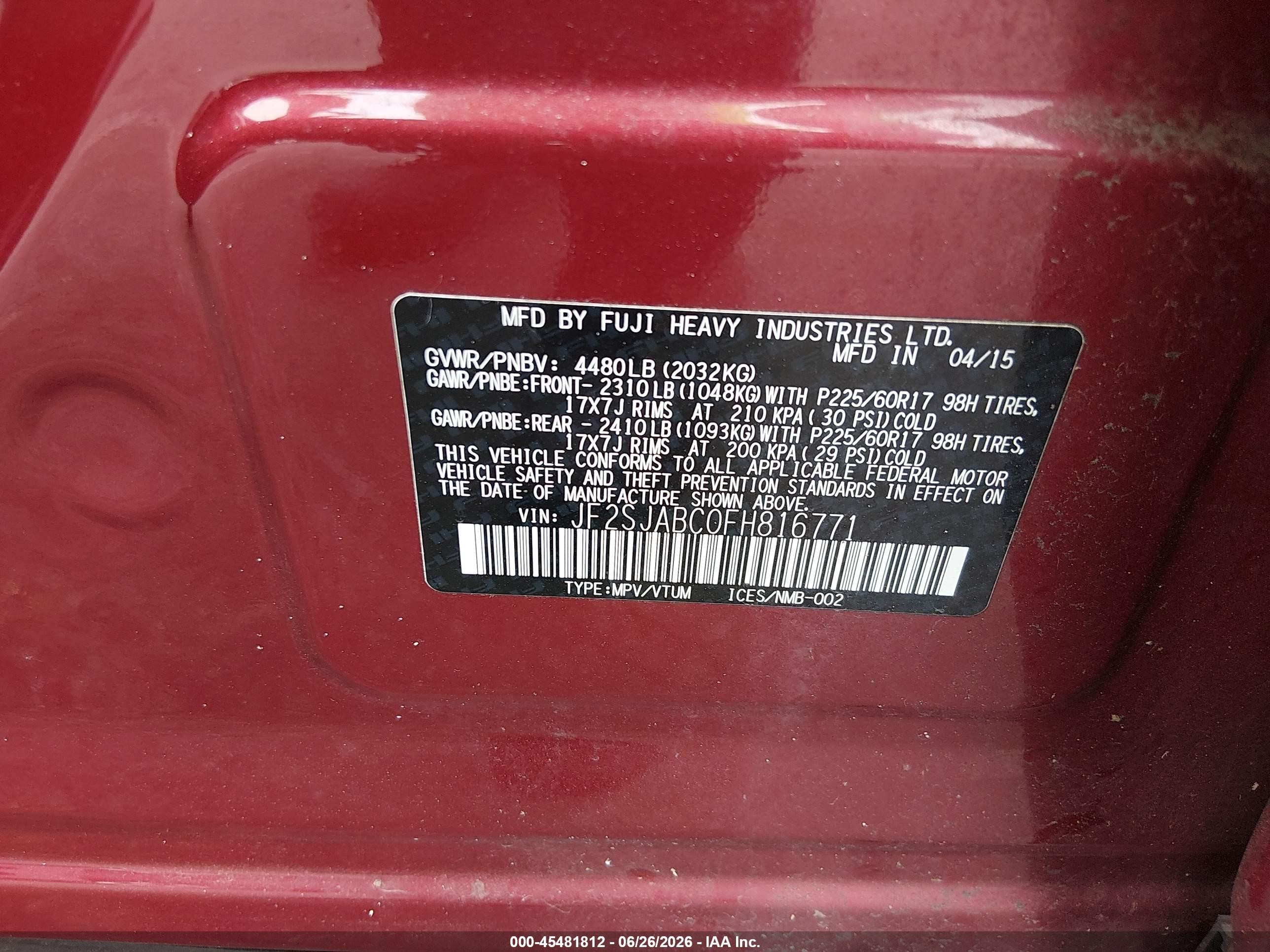2015 Subaru Forester 2.5i Red vin: JF2SJABC0FH816771