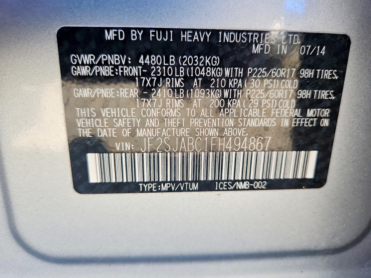 2015 Subaru Forester 2.5i Silver vin: JF2SJABC1FH494867