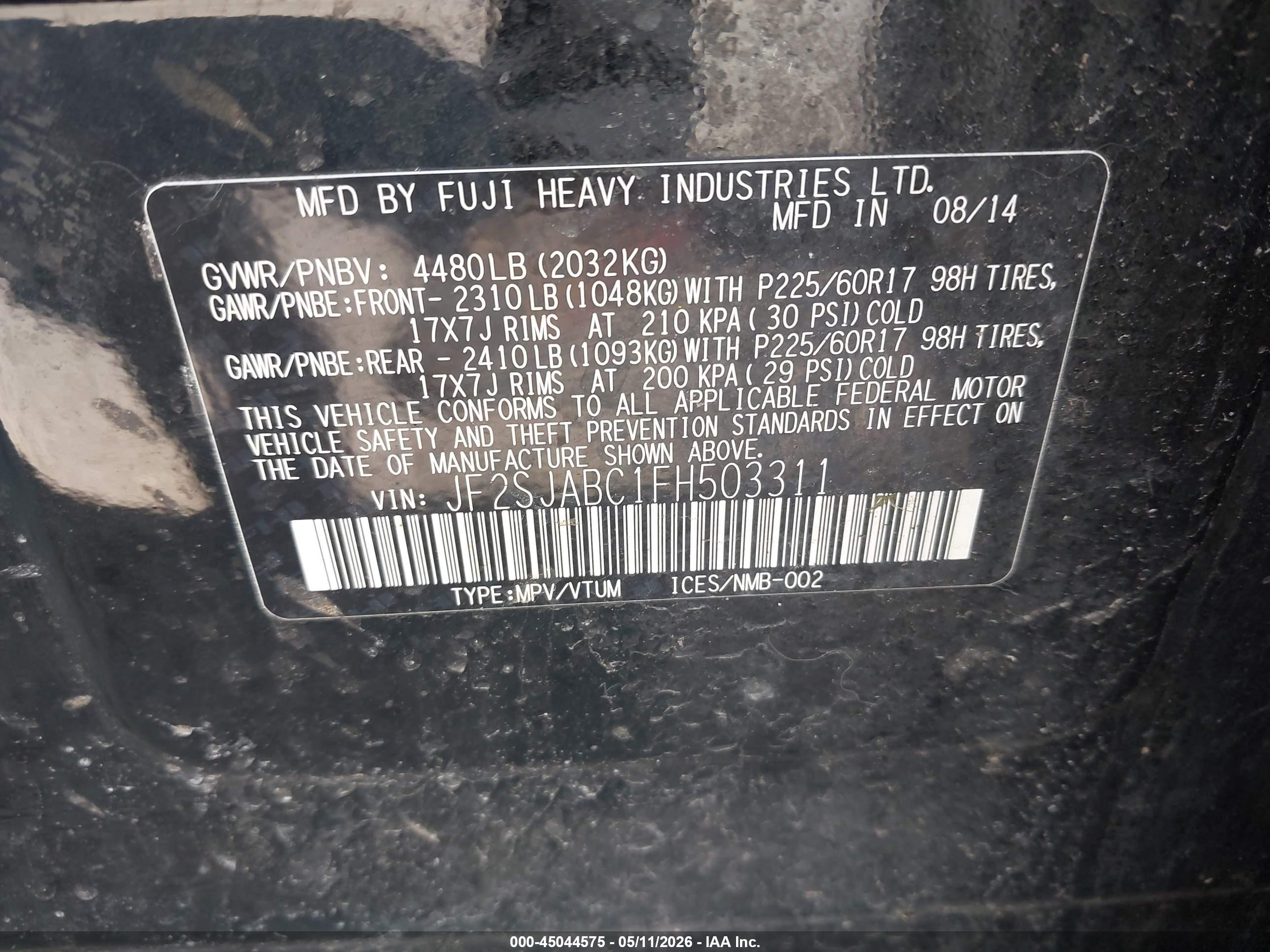 2015 Subaru Forester 2.5i Black vin: JF2SJABC1FH503311