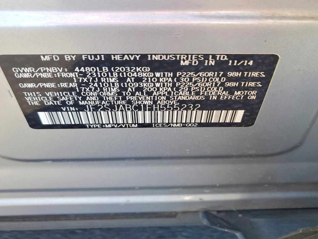 2015 Subaru Forester 2.5i Серебряный vin: JF2SJABC1FH555232