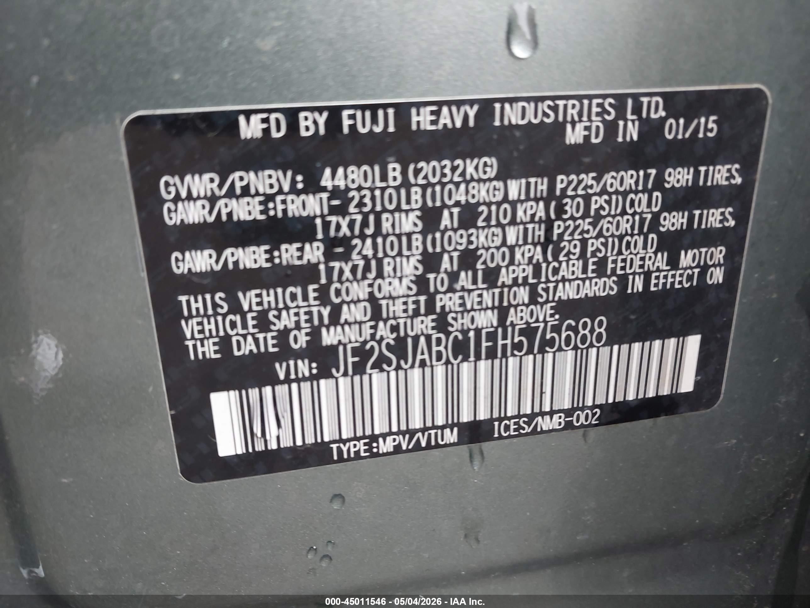 2015 Subaru Forester 2.5i Зеленый vin: JF2SJABC1FH575688