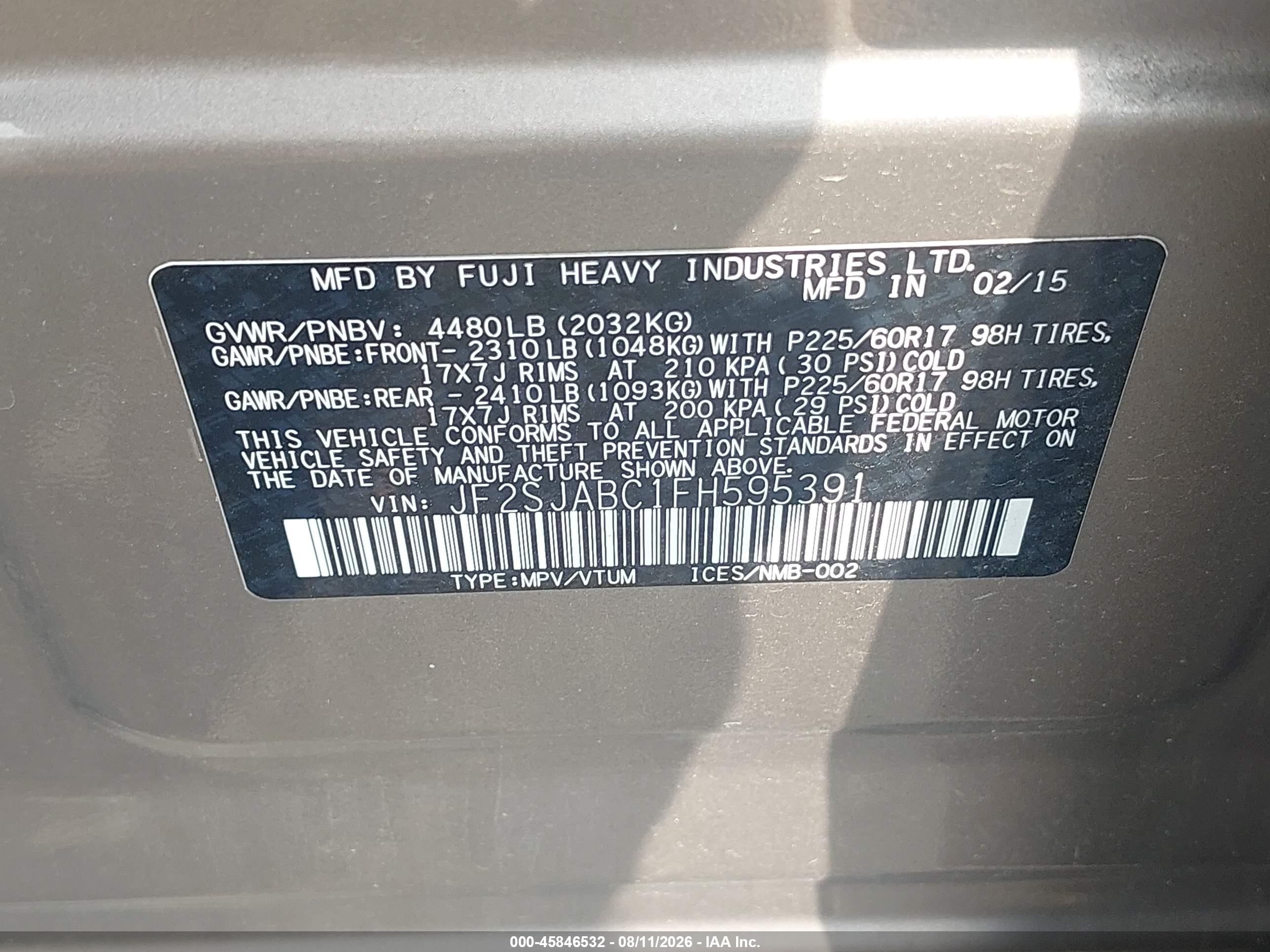 2015 Subaru Forester 2.5i Бежевый vin: JF2SJABC1FH595391