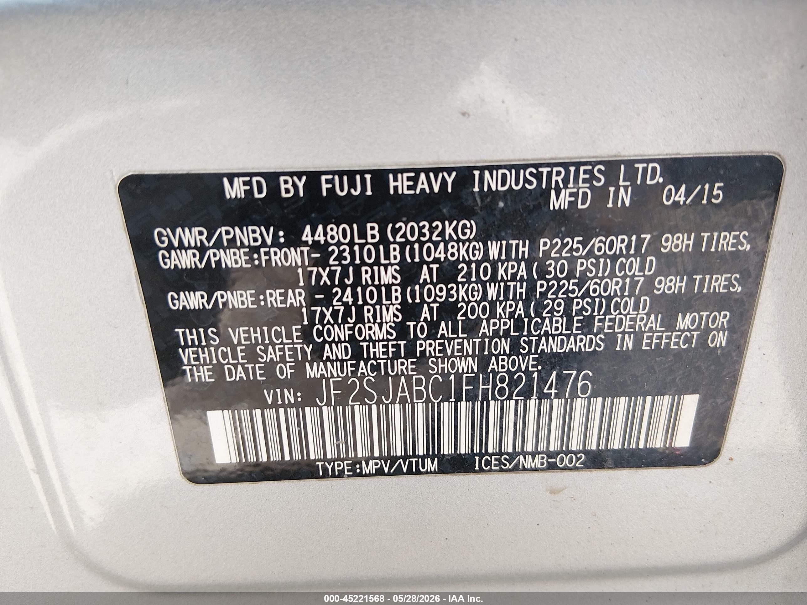 2015 Subaru Forester 2.5i Серебряный vin: JF2SJABC1FH821476