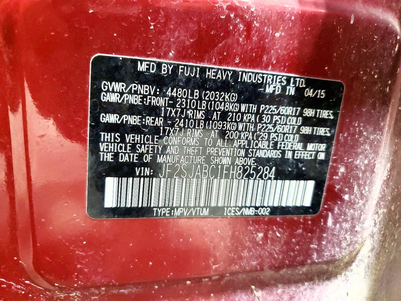 2015 Subaru Forester 2.5i Burgundy vin: JF2SJABC1FH825284