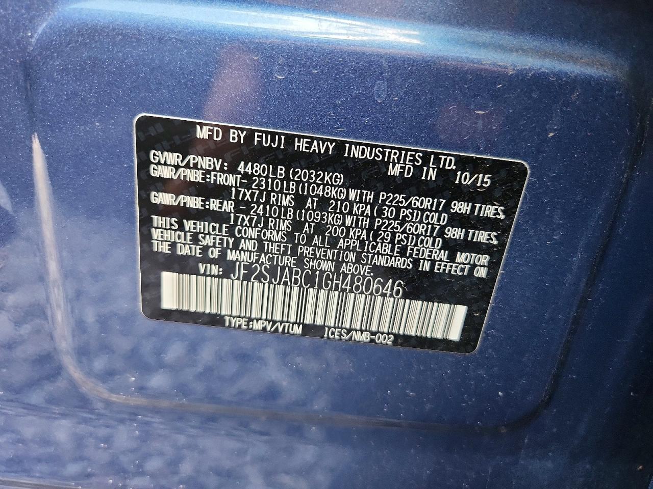 2016 Subaru Forester 2.5i Blue vin: JF2SJABC1GH480646