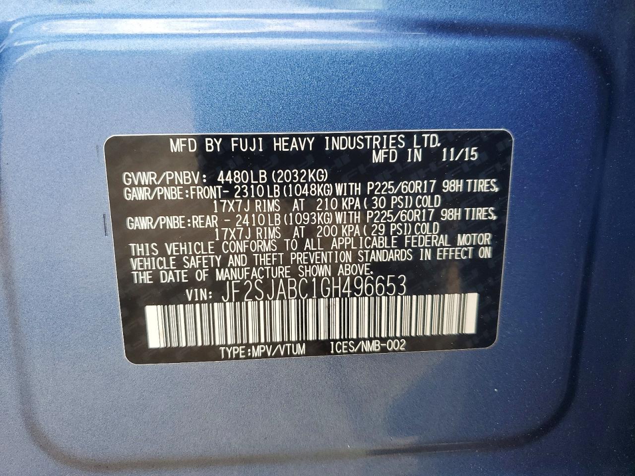 2016 Subaru Forester 2.5i Blue vin: JF2SJABC1GH496653