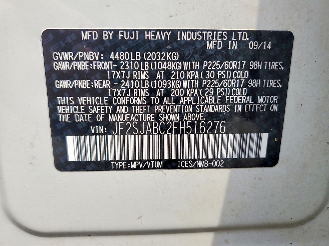 2015 Subaru Forester 2.5i White vin: JF2SJABC2FH516276